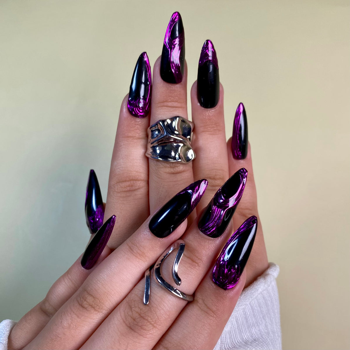 Purple Chrome Press-On Nails – Black Metallic 3D Gothic Fake Nails