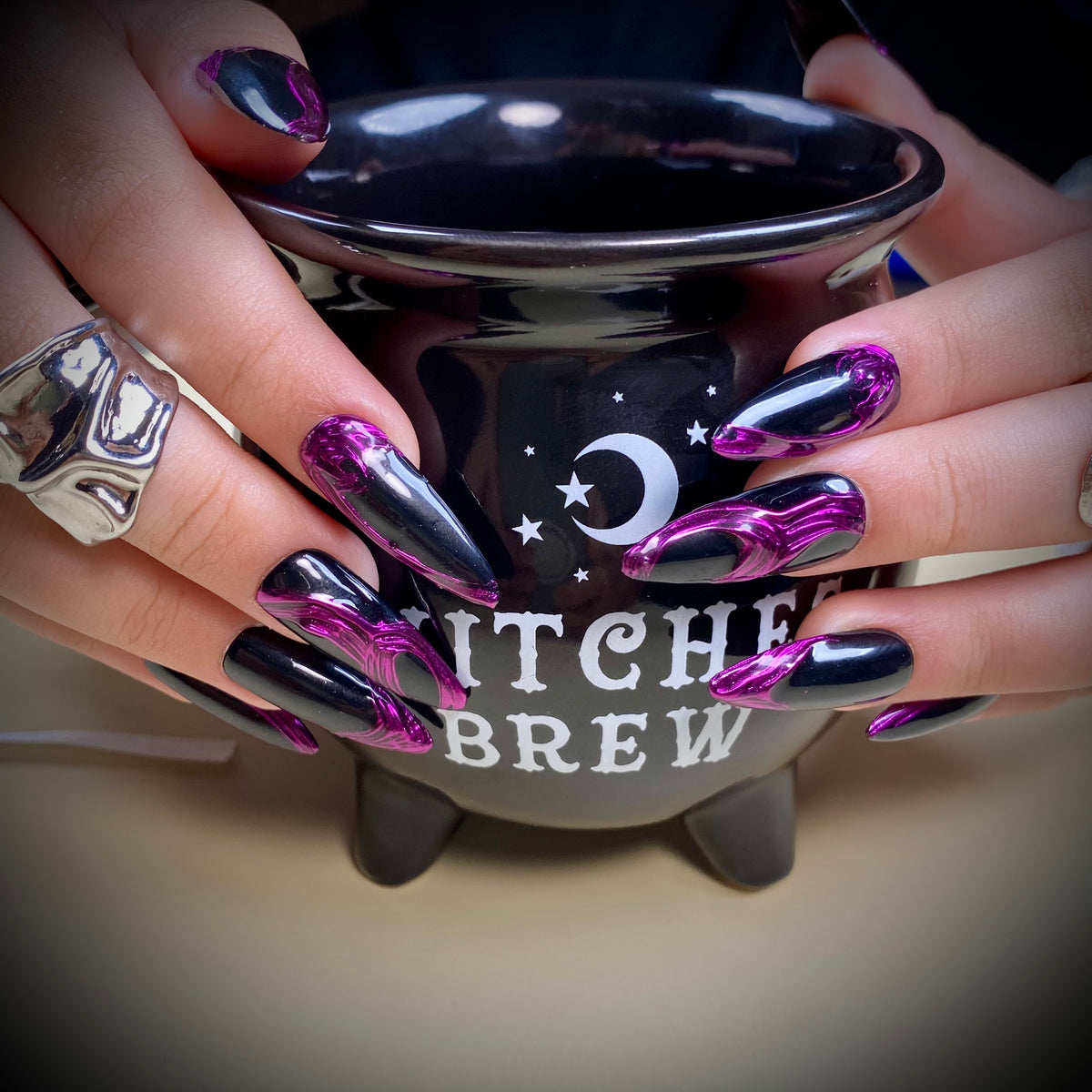 Purple Chrome Press-On Nails – Black Metallic 3D Gothic Fake Nails