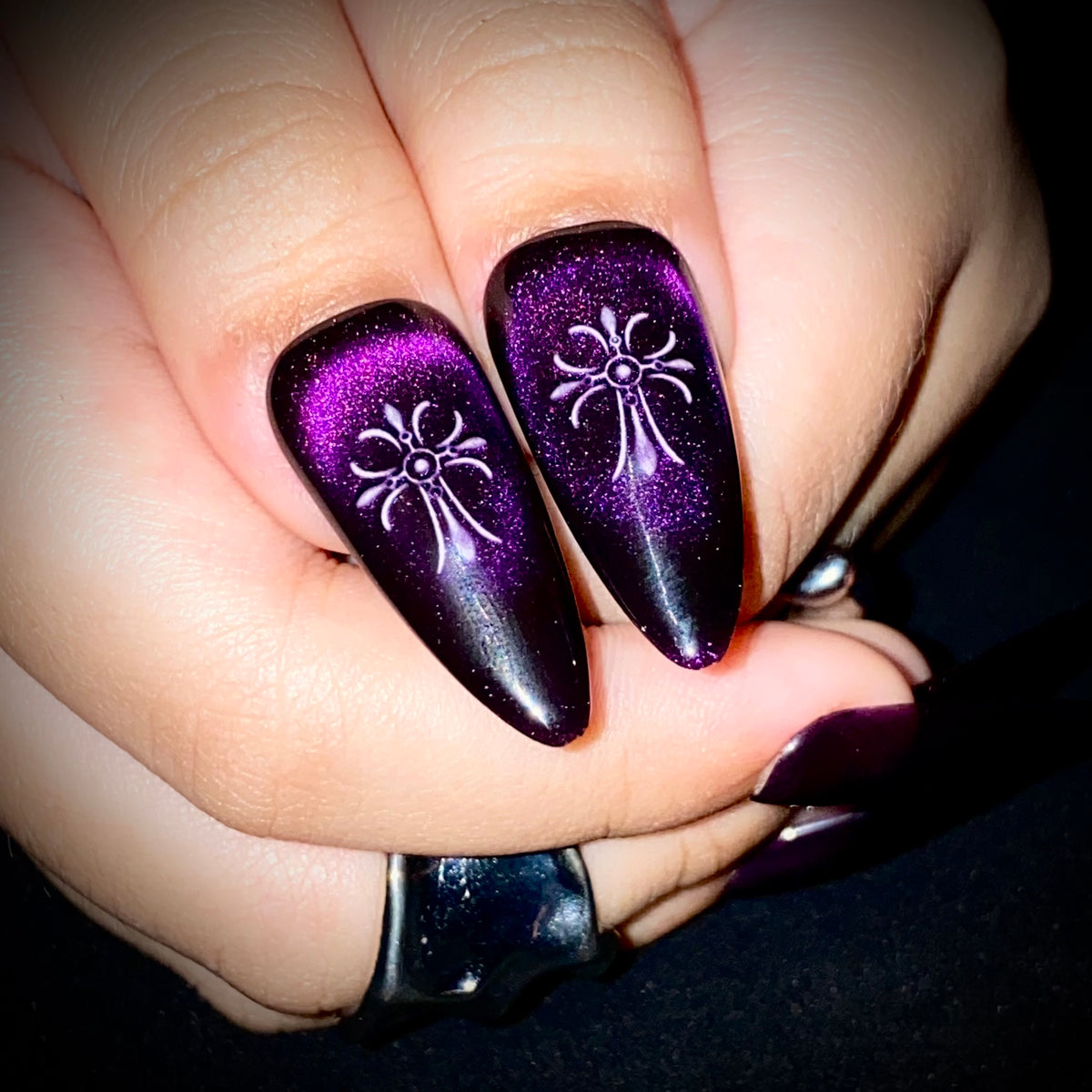 Purple Cat Eye Press-On Nails – Silver Tribal Gothic Fake Nails