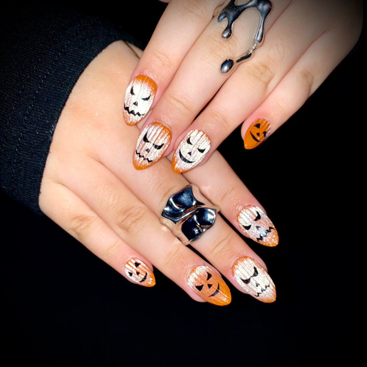 Halloween Pumpkin Press-On Nails – Orange Jack O’ Lantern Spooky Fake Nails