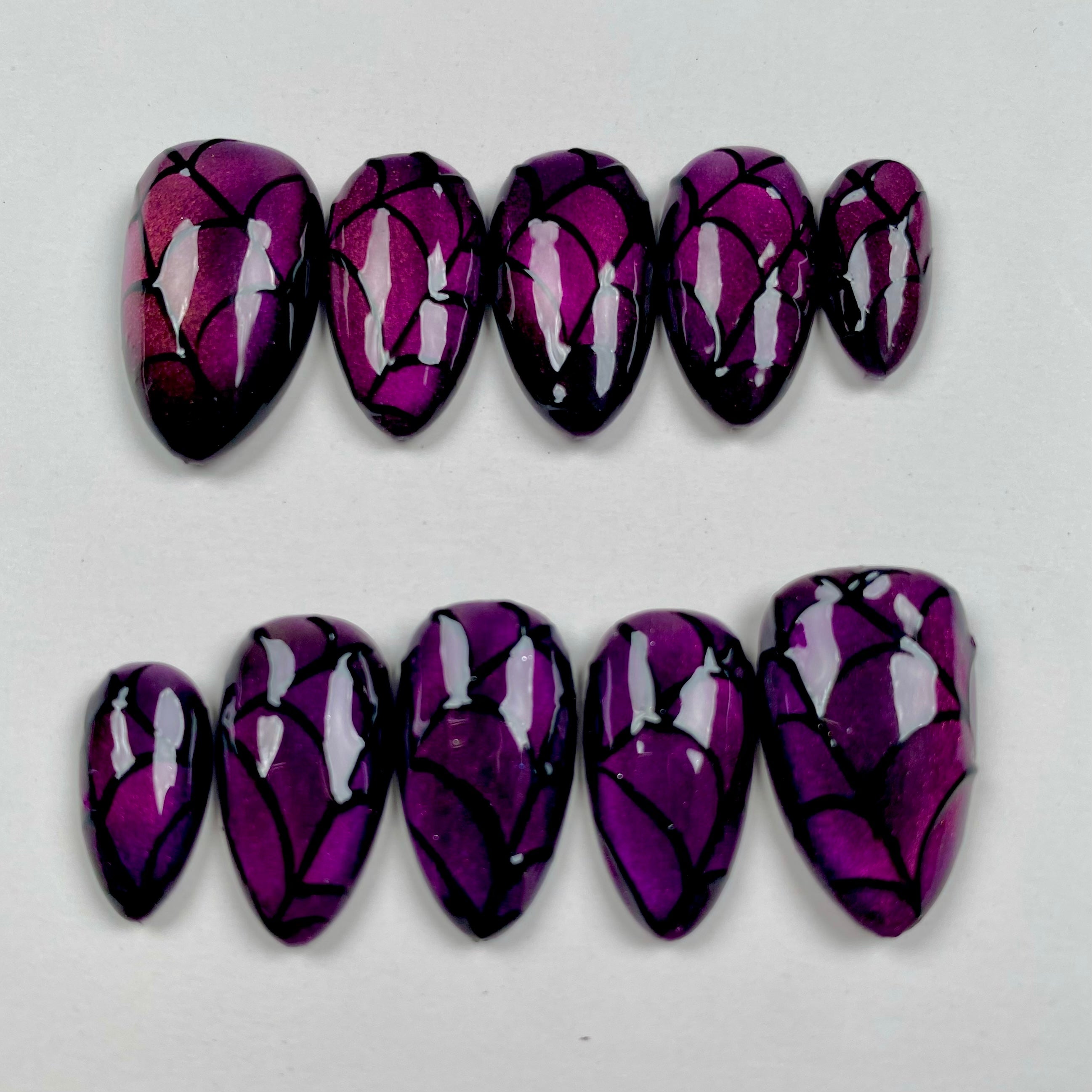 Purple Spider Web Press-On Nails – Gothic Cat Eye Halloween Fake Nails