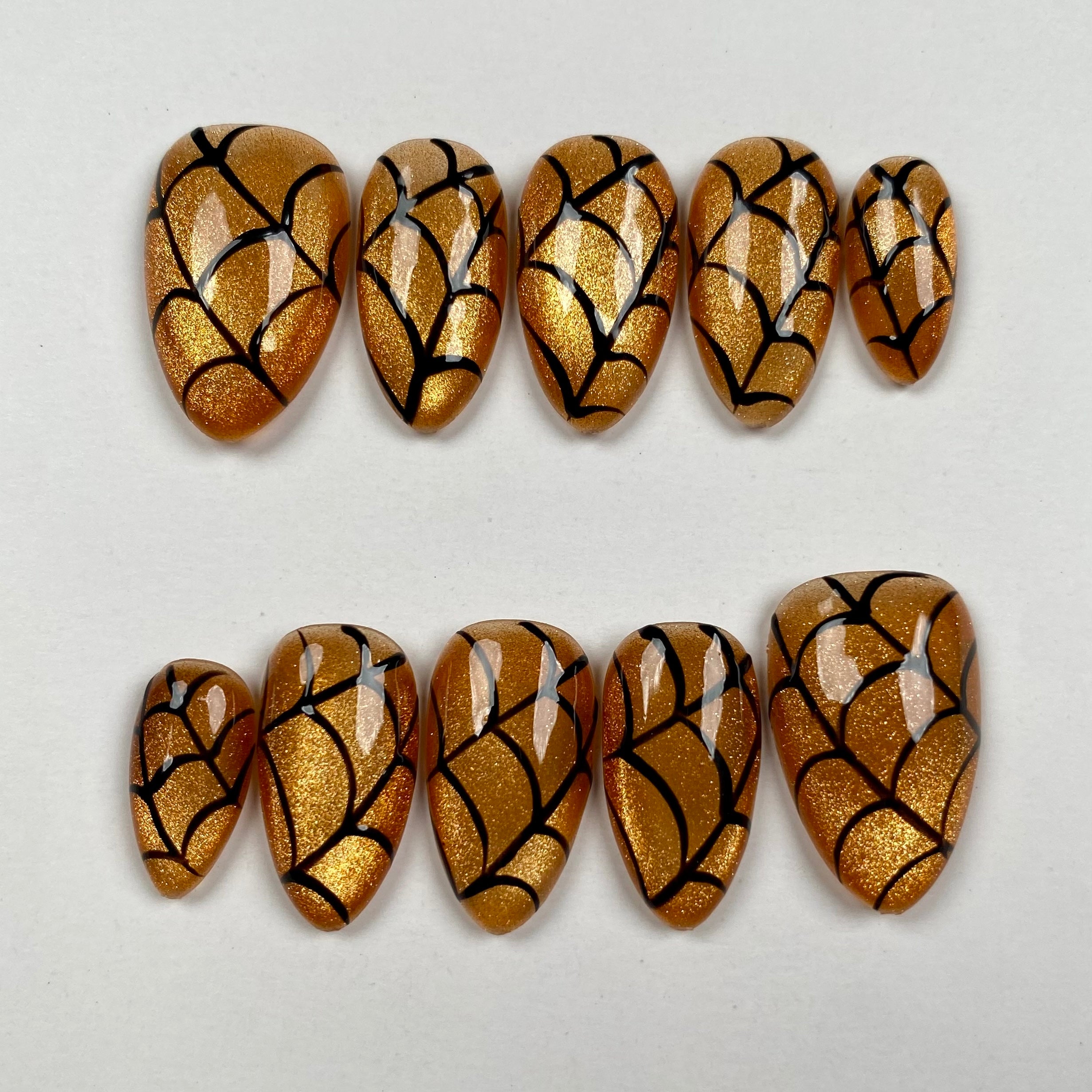Orange Spider Web Halloween Press-On Nails – Cat Eye Gothic Fake Nails