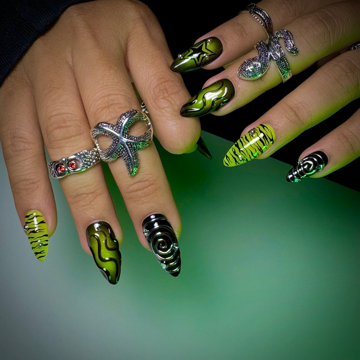Y2K Green Chrome Press-On Nails, Neon Zebra Star Gothic Fake Nails