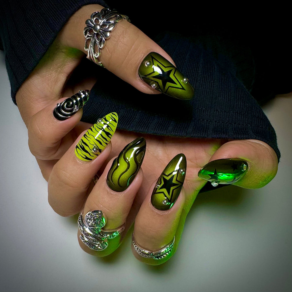 Y2K Green Chrome Press-On Nails, Neon Zebra Star Gothic Fake Nails
