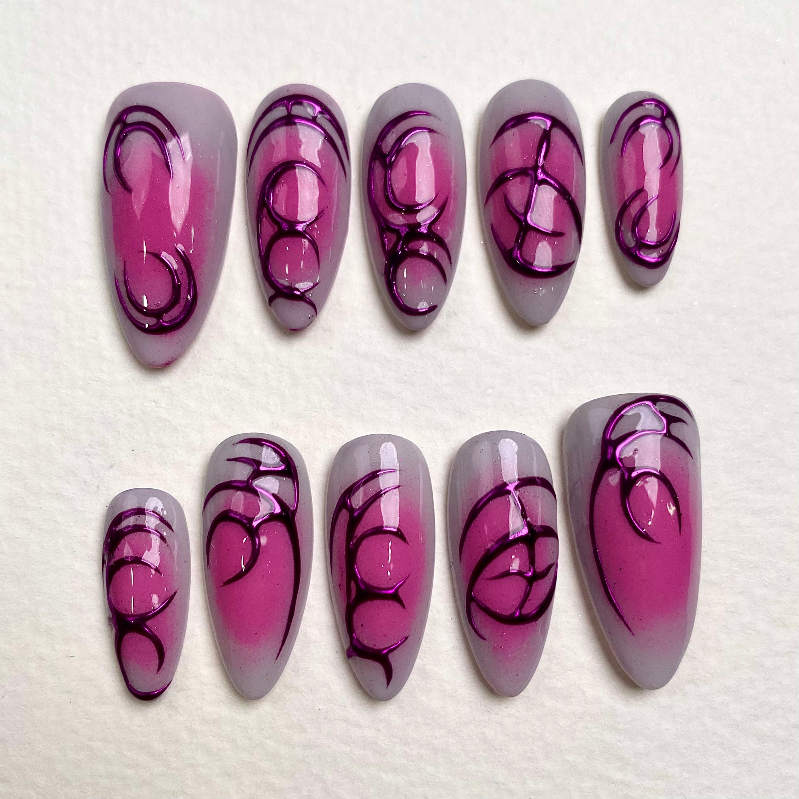 Venom Kiss Pink Gothic Press-On Nails – Chrome Cybersigilism Fake Nails
