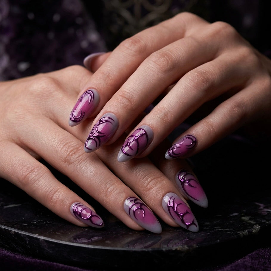 Venom Kiss Pink Gothic Press-On Nails – Chrome Cybersigilism Fake Nails