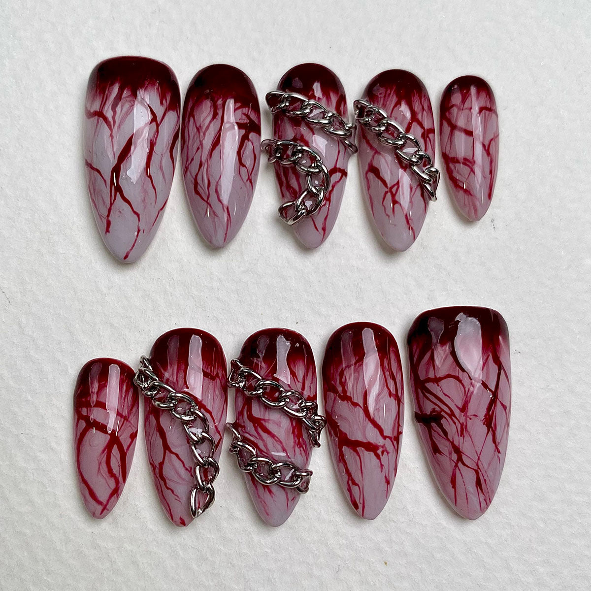 Crimson Vein Gothic Press-On Nails – Red Chain Fake Nails