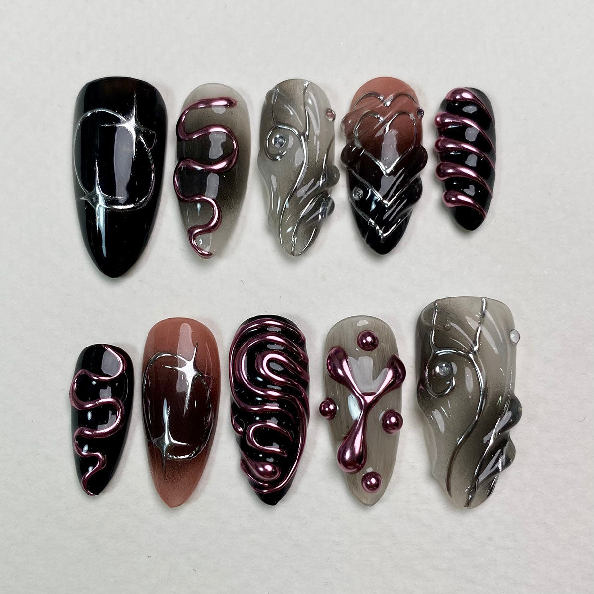 Dark Pink Chrome Mirror Press On Nails, Gothic Punk Rock Nails, Goth Black Pink Mirror Effect Fake Nails DarkNailz
