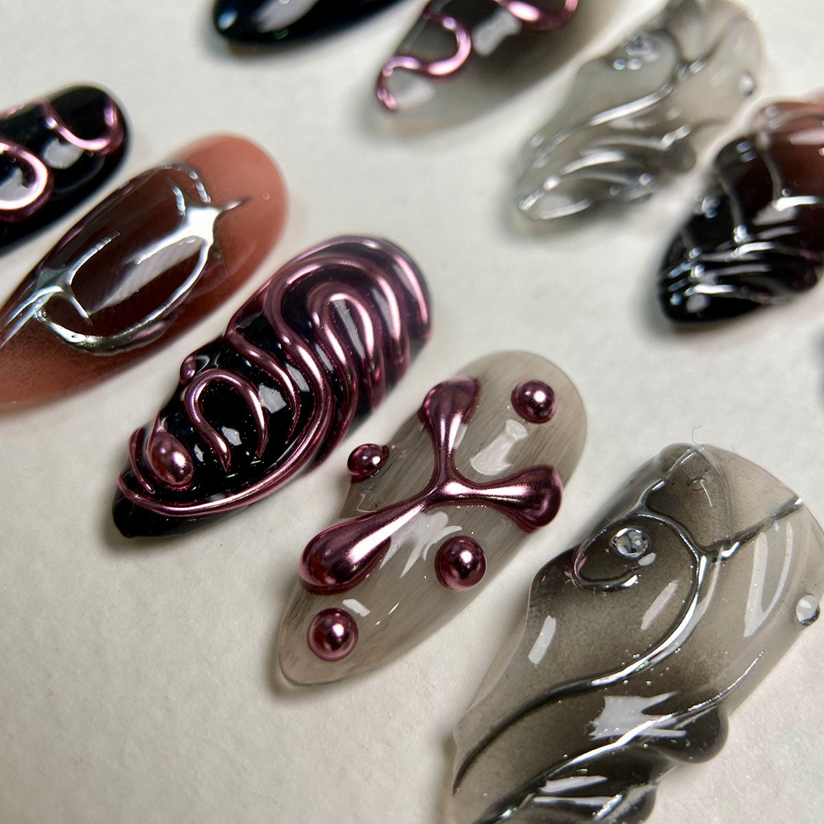 Dark Pink Chrome Mirror Press On Nails, Gothic Punk Rock Nails, Goth Black Pink Mirror Effect Fake Nails DarkNailz