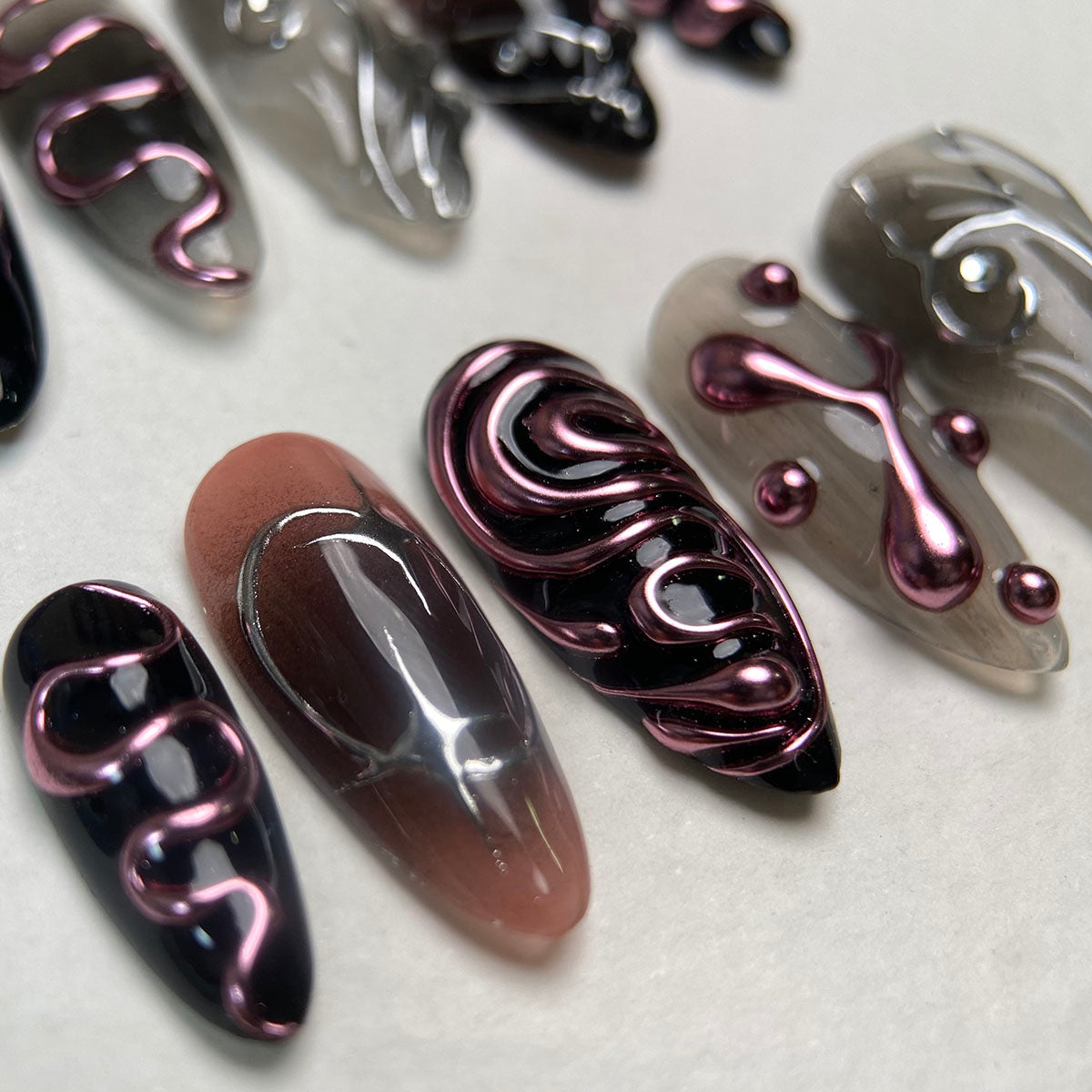 Dark Pink Chrome Mirror Press On Nails, Gothic Punk Rock Nails, Goth Black Pink Mirror Effect Fake Nails DarkNailz