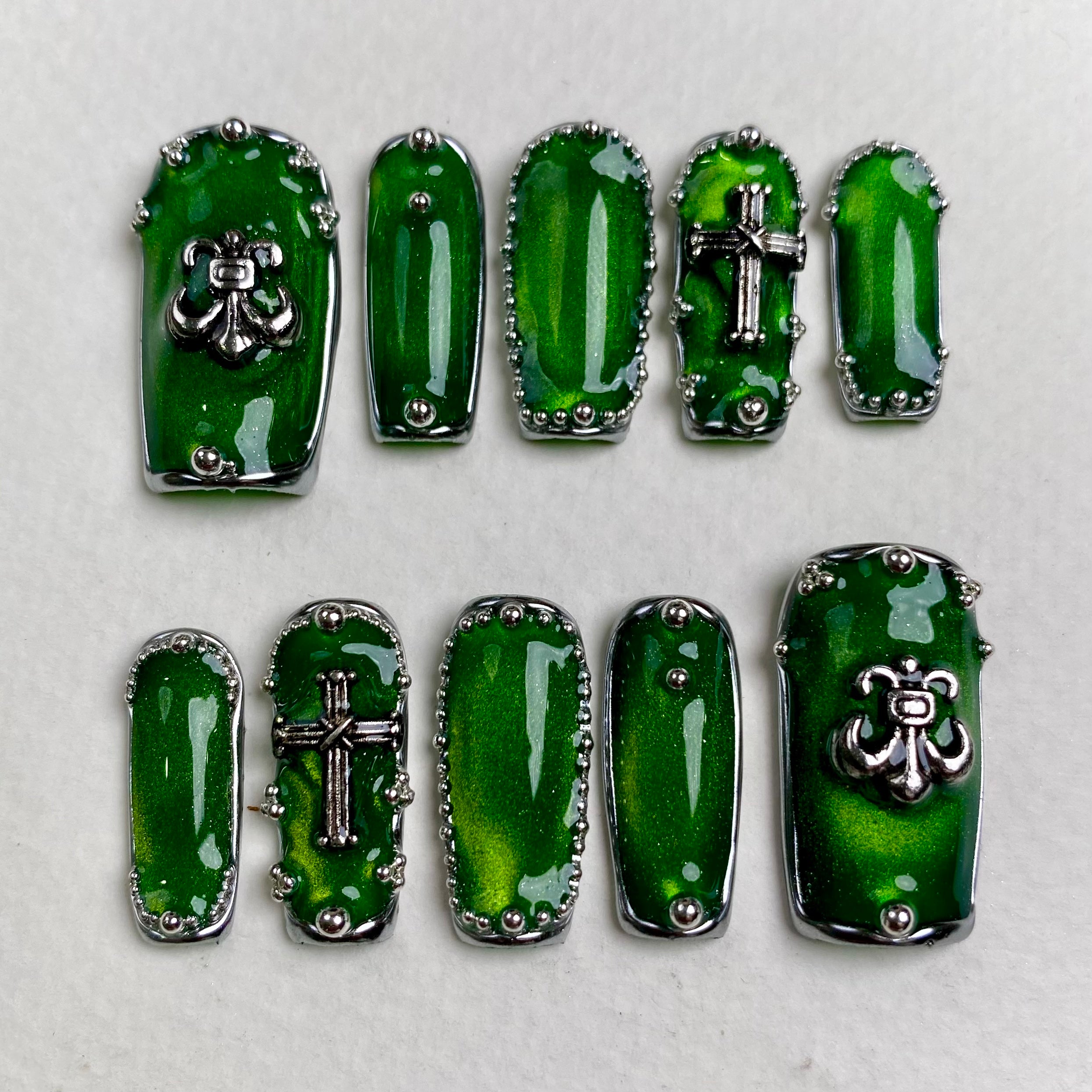 Emerald Chrome Cross Press-On Nails – Gothic Green Metallic Fake Nails