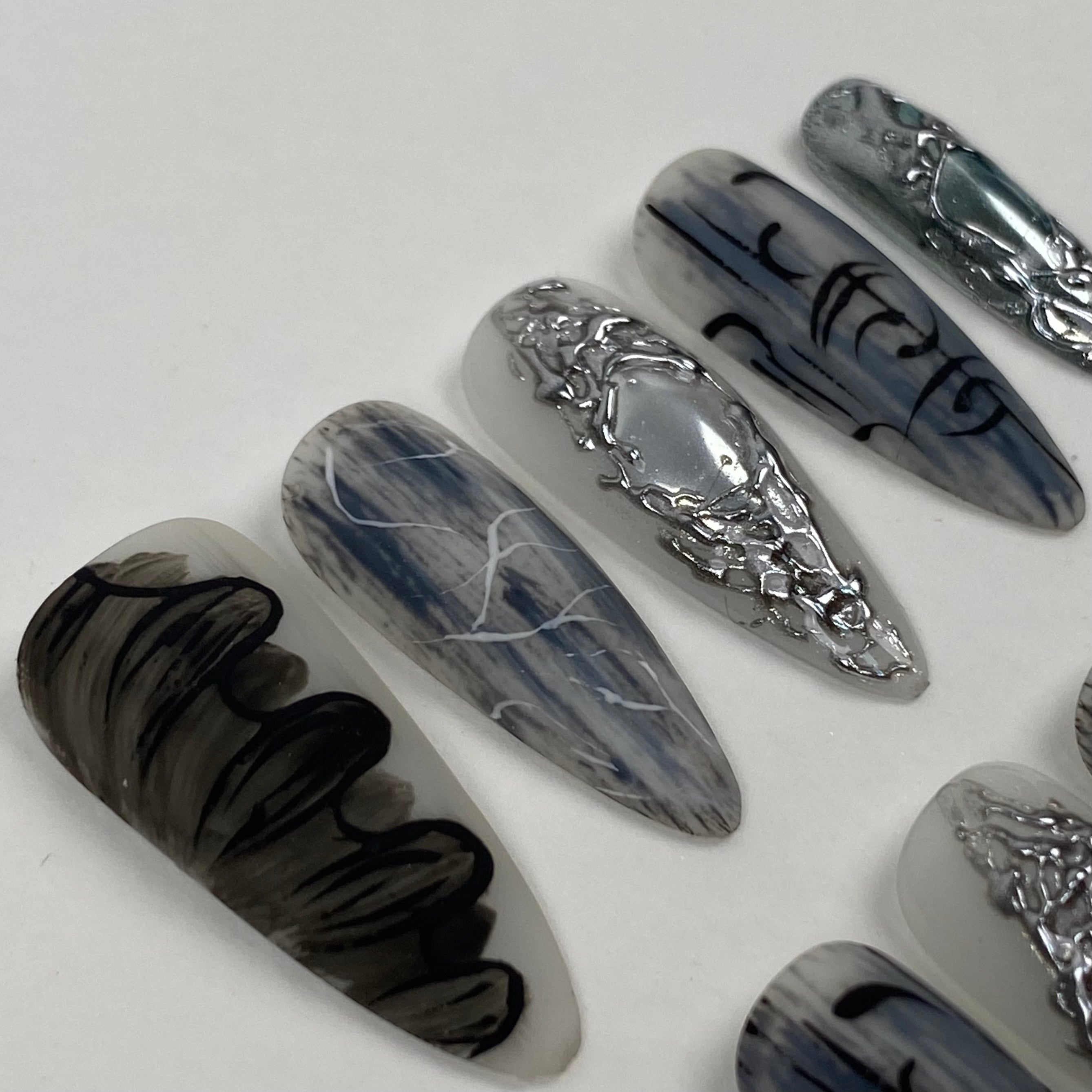 Ghost Veil Chrome Press-On Nails – Gothic Smoke Silver Fake Nails