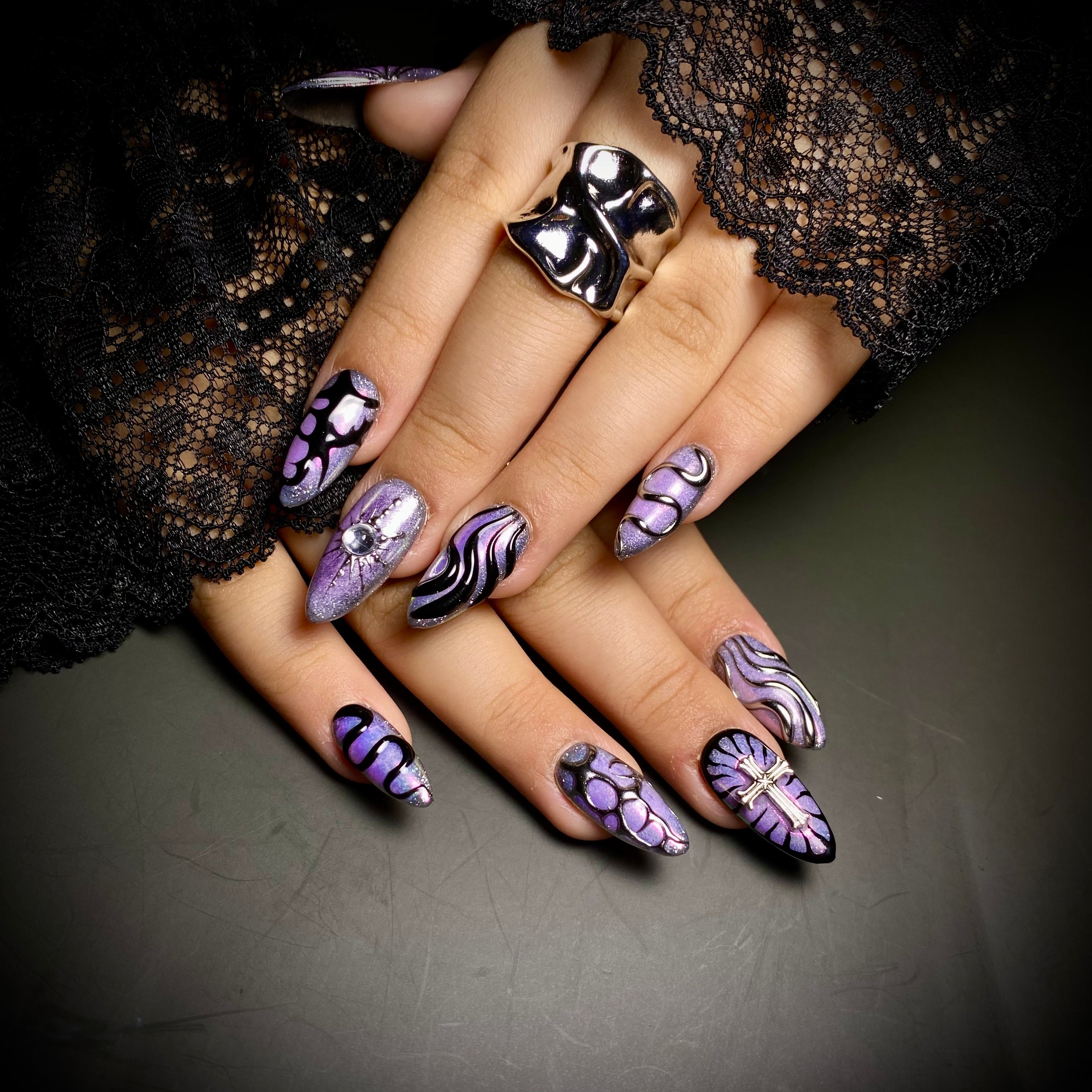 Purple Chrome Press-On Nails, Gothic Cross Butterfly Fake Nails in Dark Mirror Finish