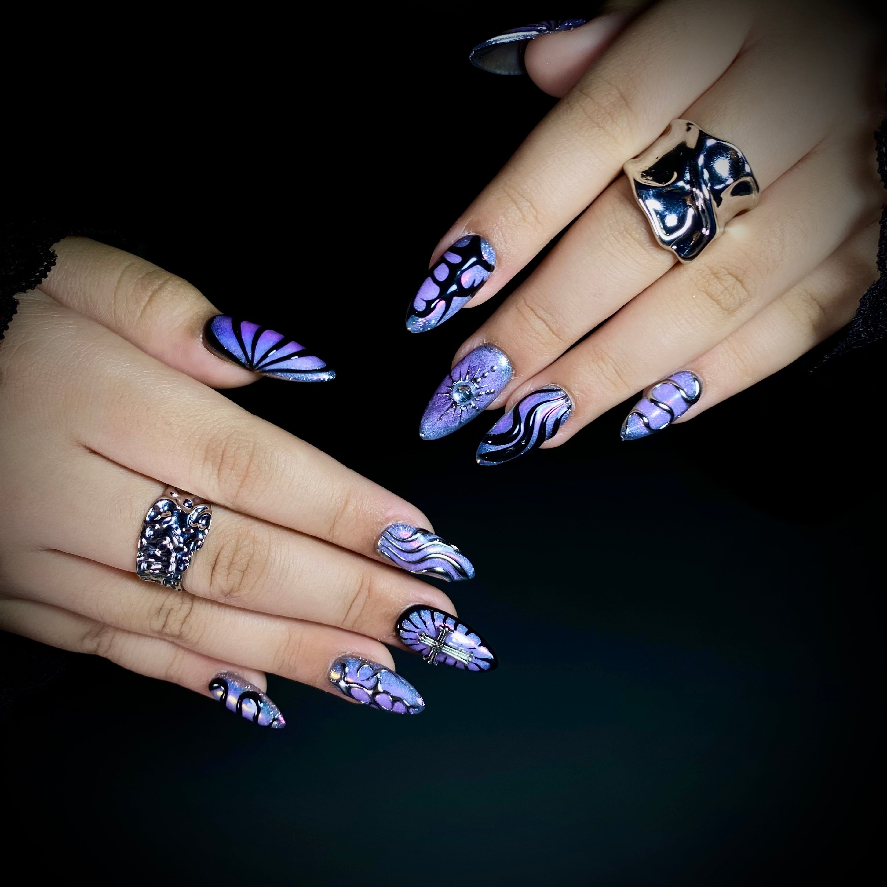 Purple Chrome Press-On Nails, Gothic Cross Butterfly Fake Nails in Dark Mirror Finish