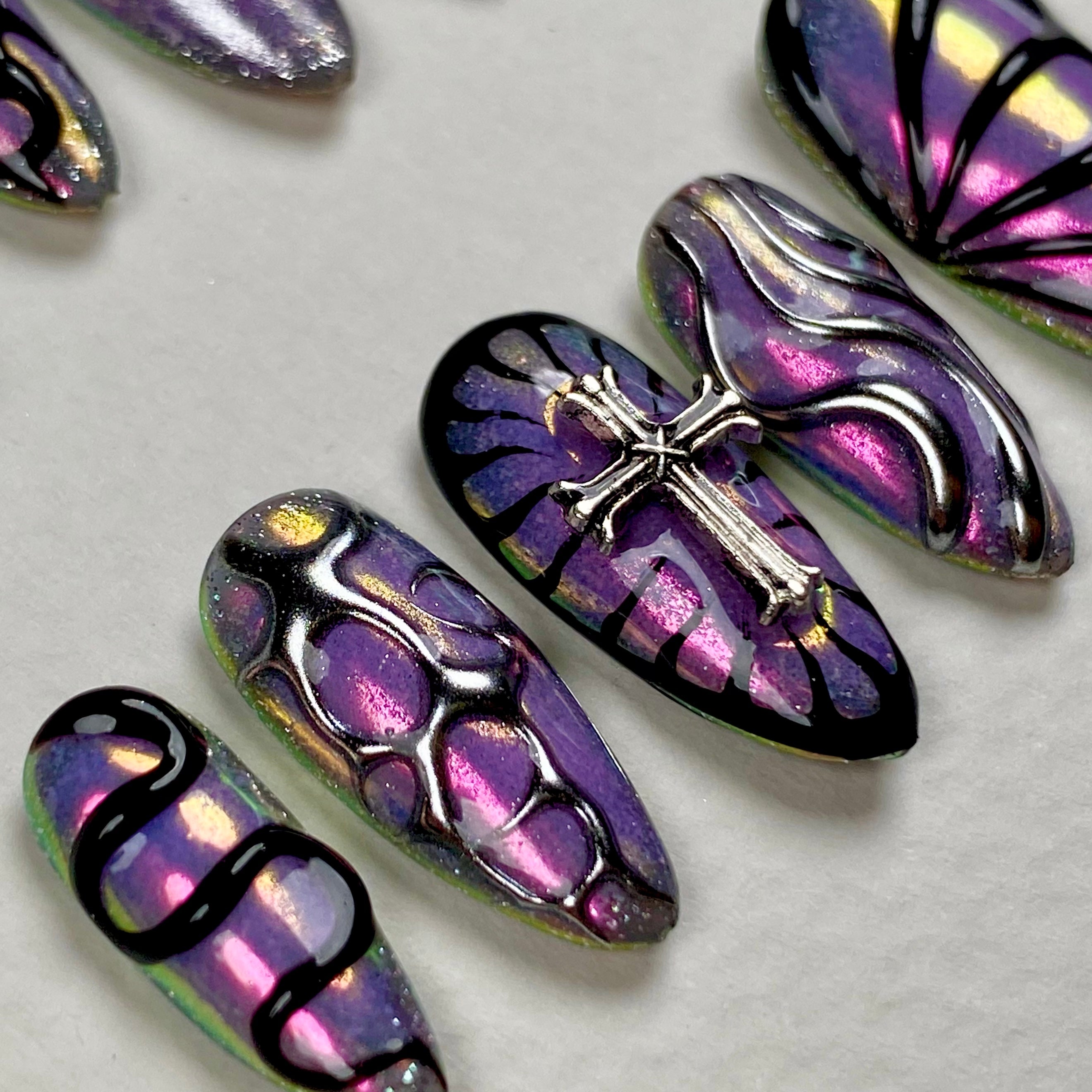 Purple Chrome Press-On Nails, Gothic Cross Butterfly Fake Nails in Dark Mirror Finish