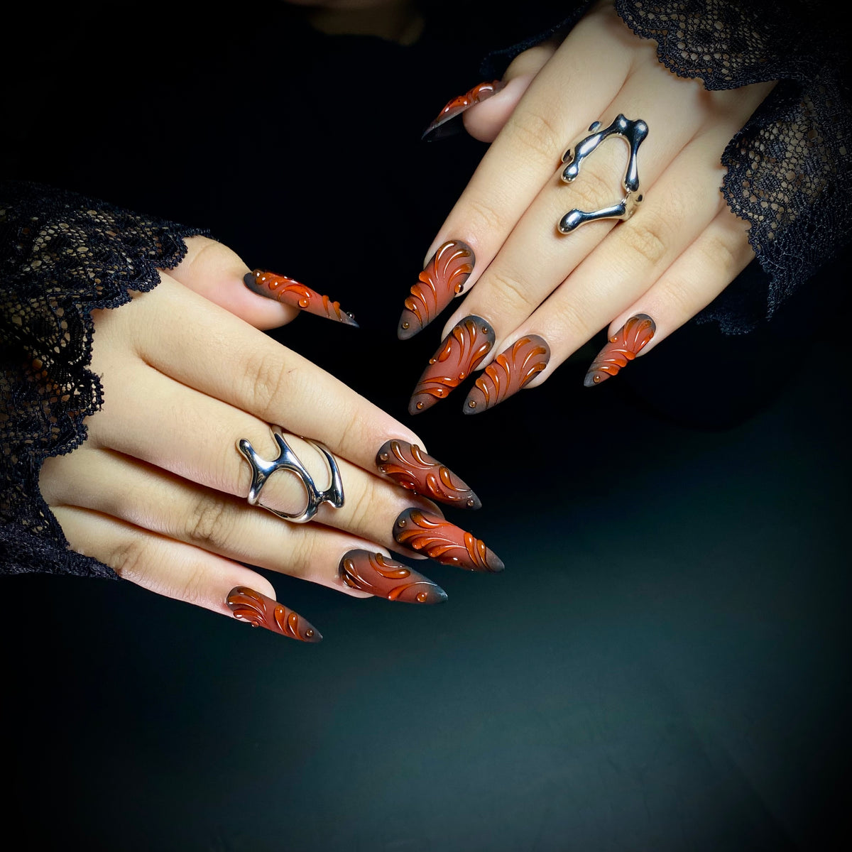 Blood Ember Press-On Nails – Dark Red Cat Eye Fake Nails