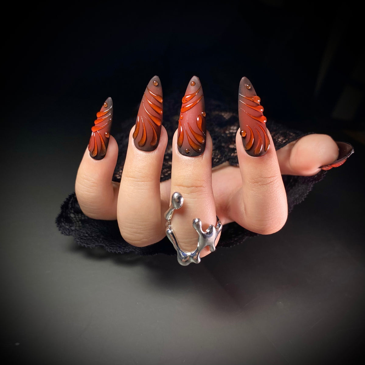 Blood Ember Press-On Nails – Dark Red Cat Eye Fake Nails