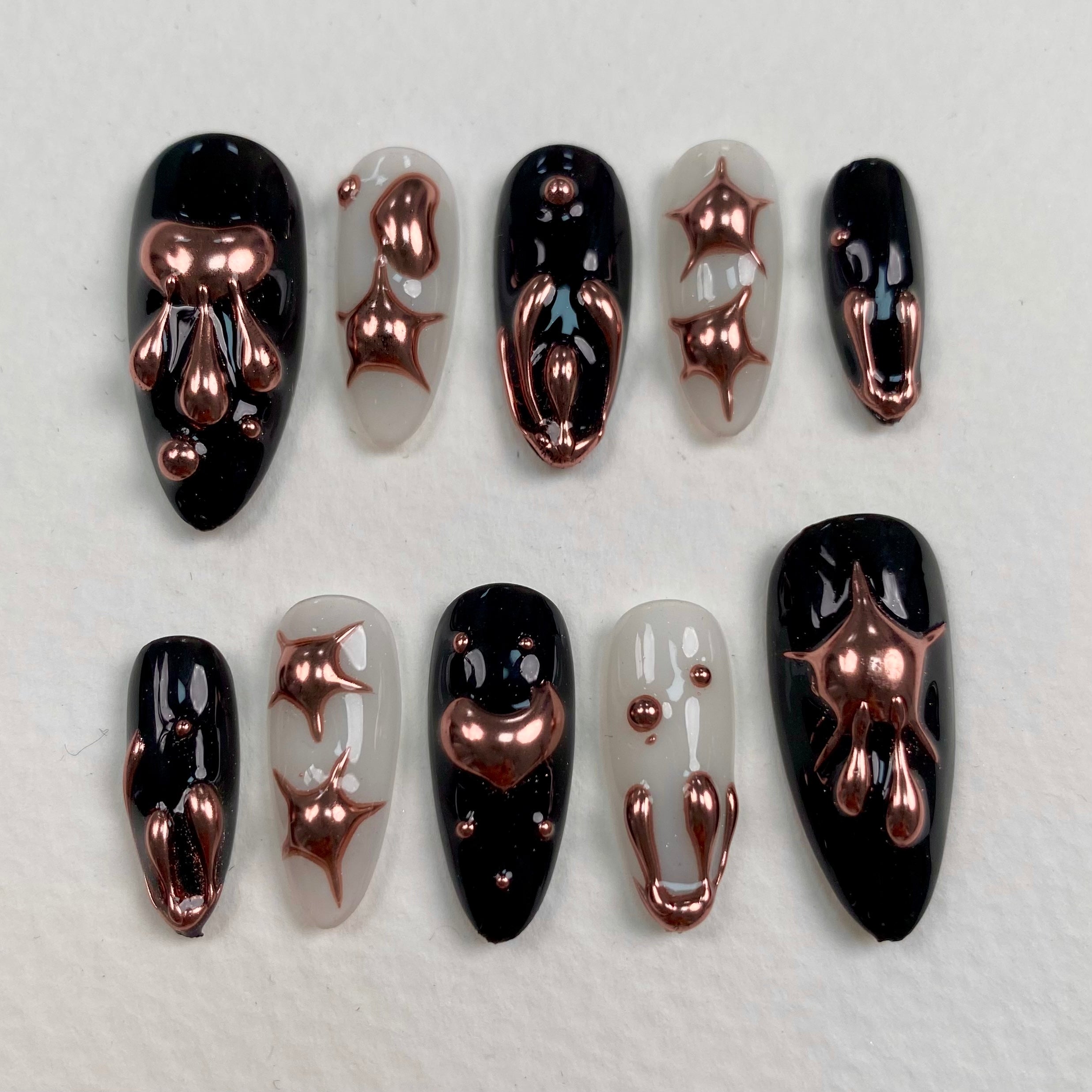 Rose Gold Chrome Press-On Nails – Black 3D Metallic Fake Nails