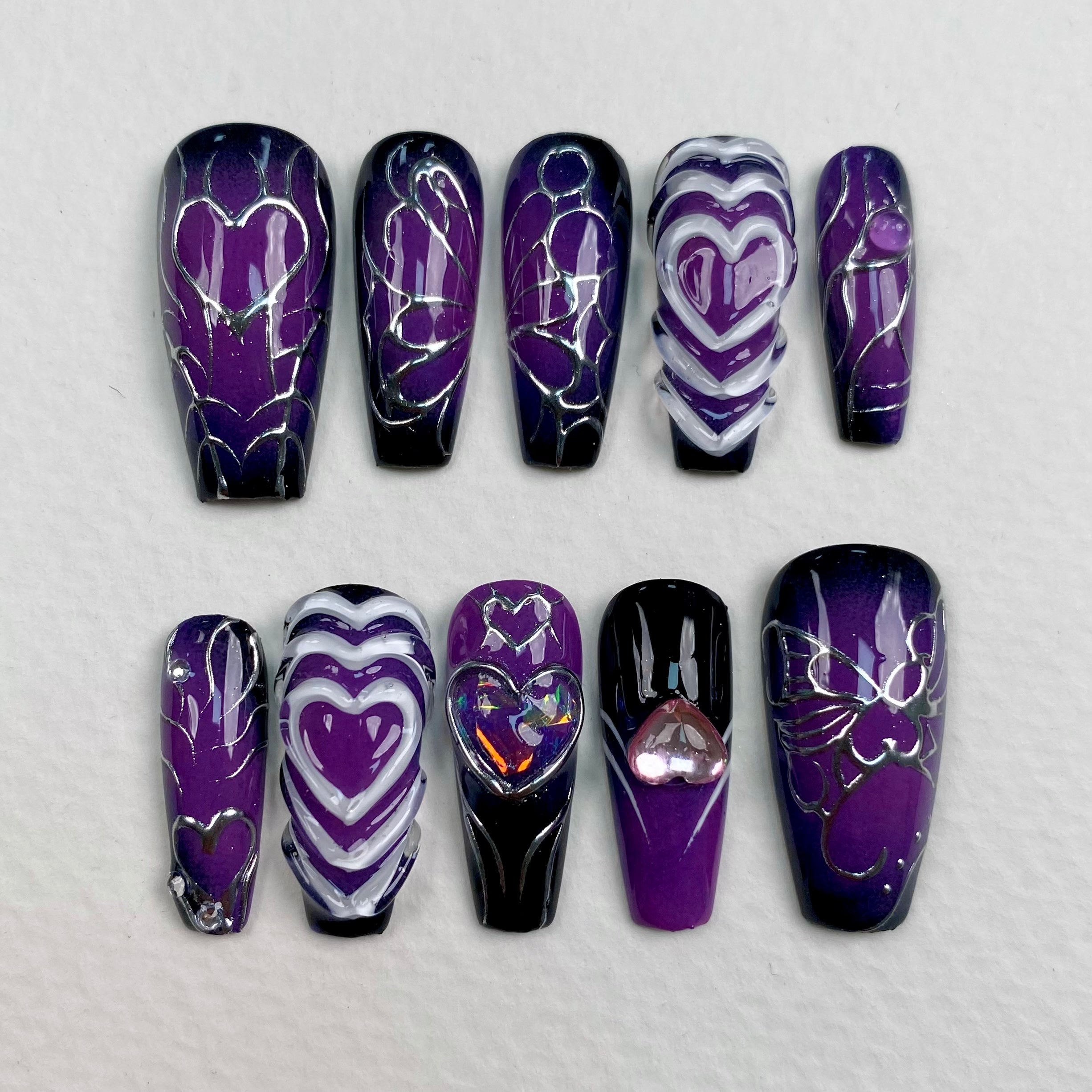 Purple Heart Press-On Nails – Y2K Chrome Gothic Fake Nails