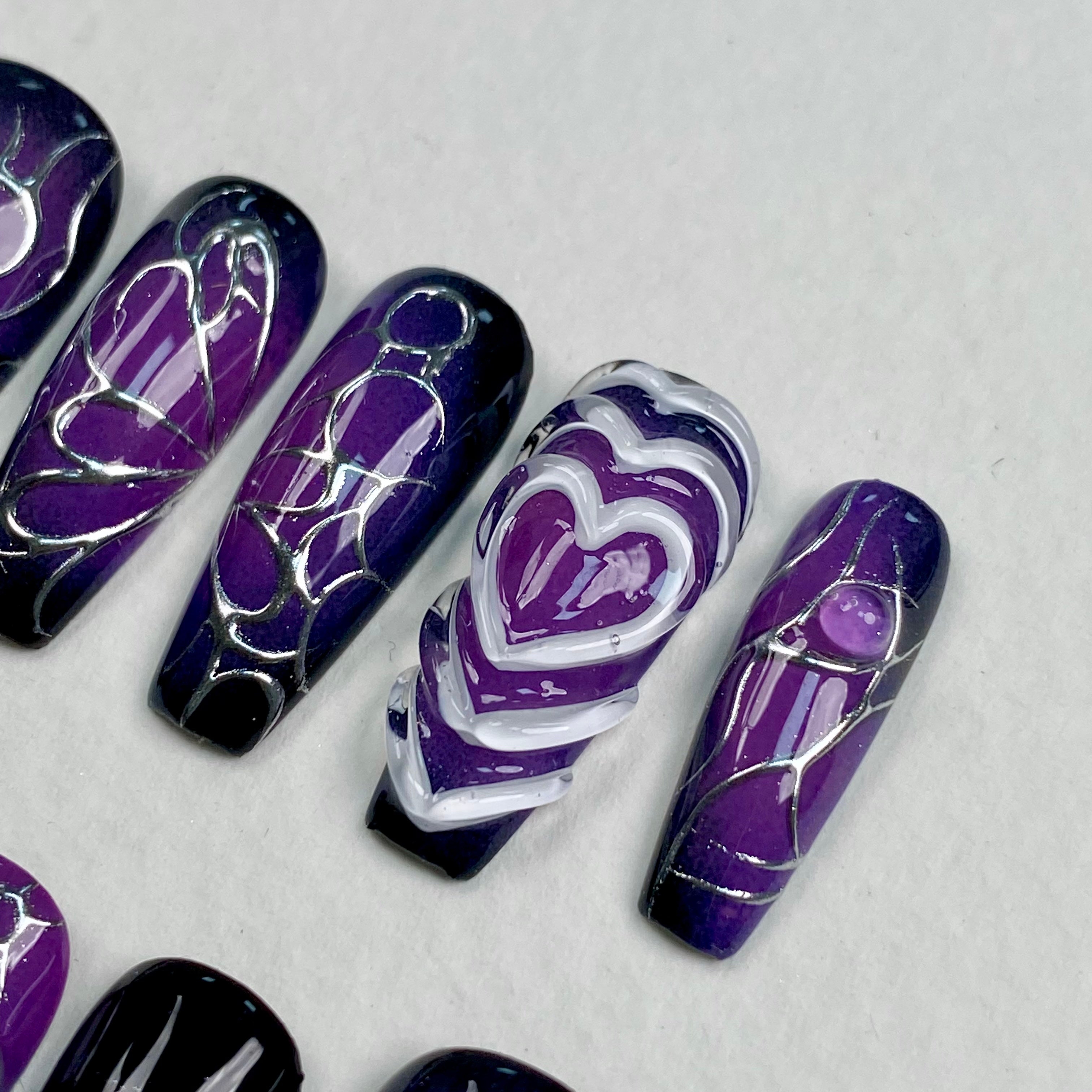 Purple Heart Press-On Nails – Y2K Chrome Gothic Fake Nails