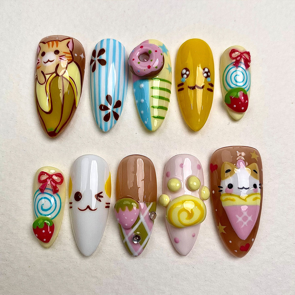 Sugar Kitty – Kawaii Press-On Nails, Pastel Fake Nails with Cute Cat, Donut and Strawberry Design