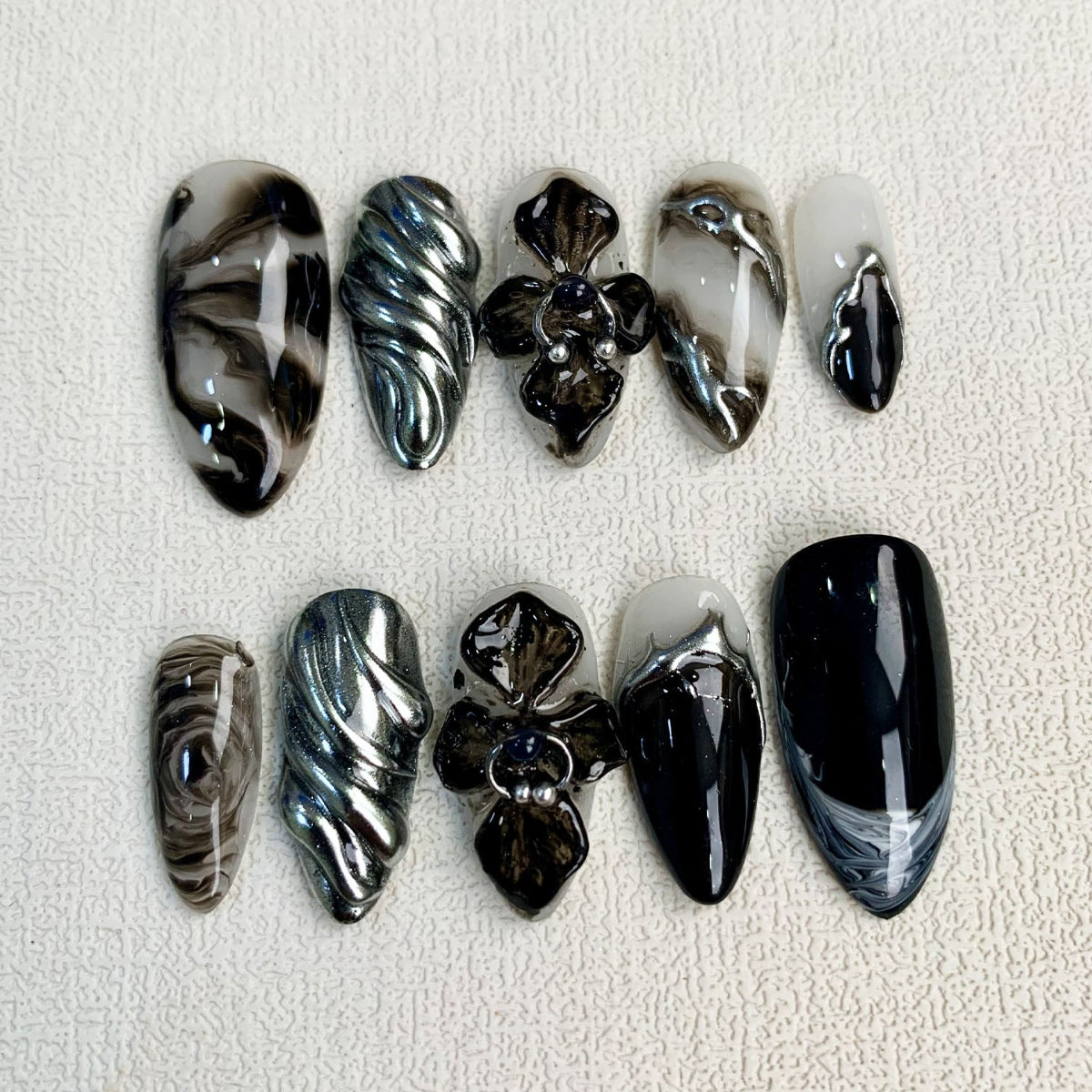 Black Orchids Press On Nails, Gothic Punk Rock Nails, Goth Y2K Trending Press On Nails