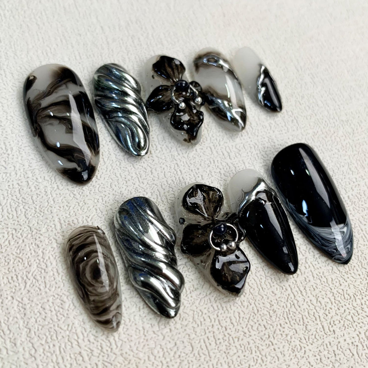 Black Orchids Press On Nails, Gothic Punk Rock Nails, Goth Y2K Trending Press On Nails