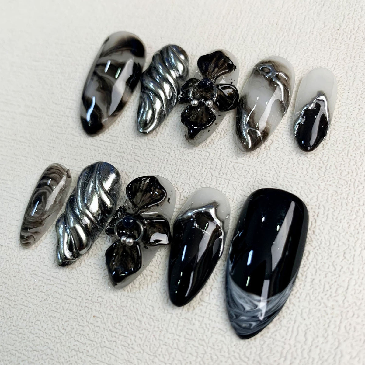 Black Orchids Press On Nails, Gothic Punk Rock Nails, Goth Y2K Trending Press On Nails