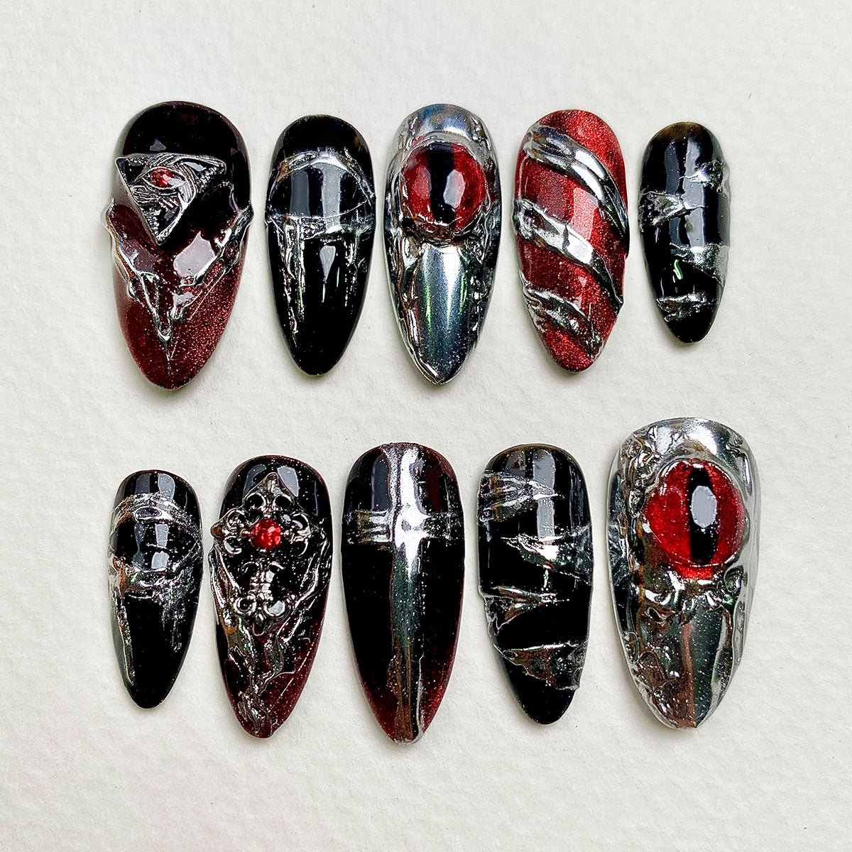 Blood Ritual Press-On Nails – Red Chrome Gothic Fake Nails with Cross and Gem Details