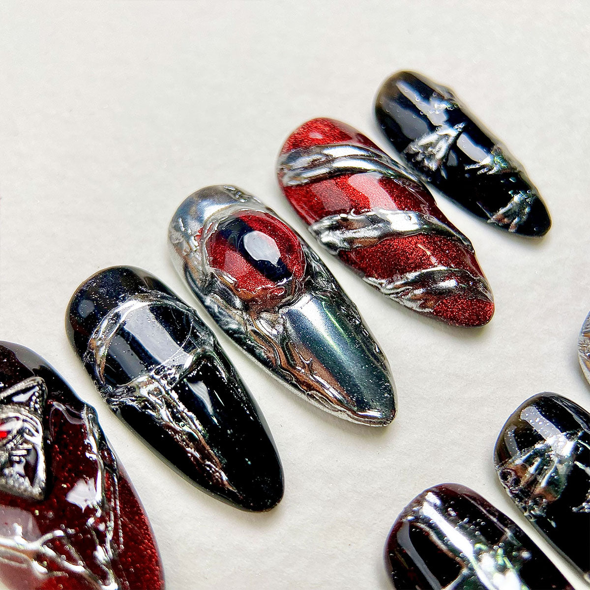 Blood Ritual Press-On Nails – Red Chrome Gothic Fake Nails with Cross and Gem Details