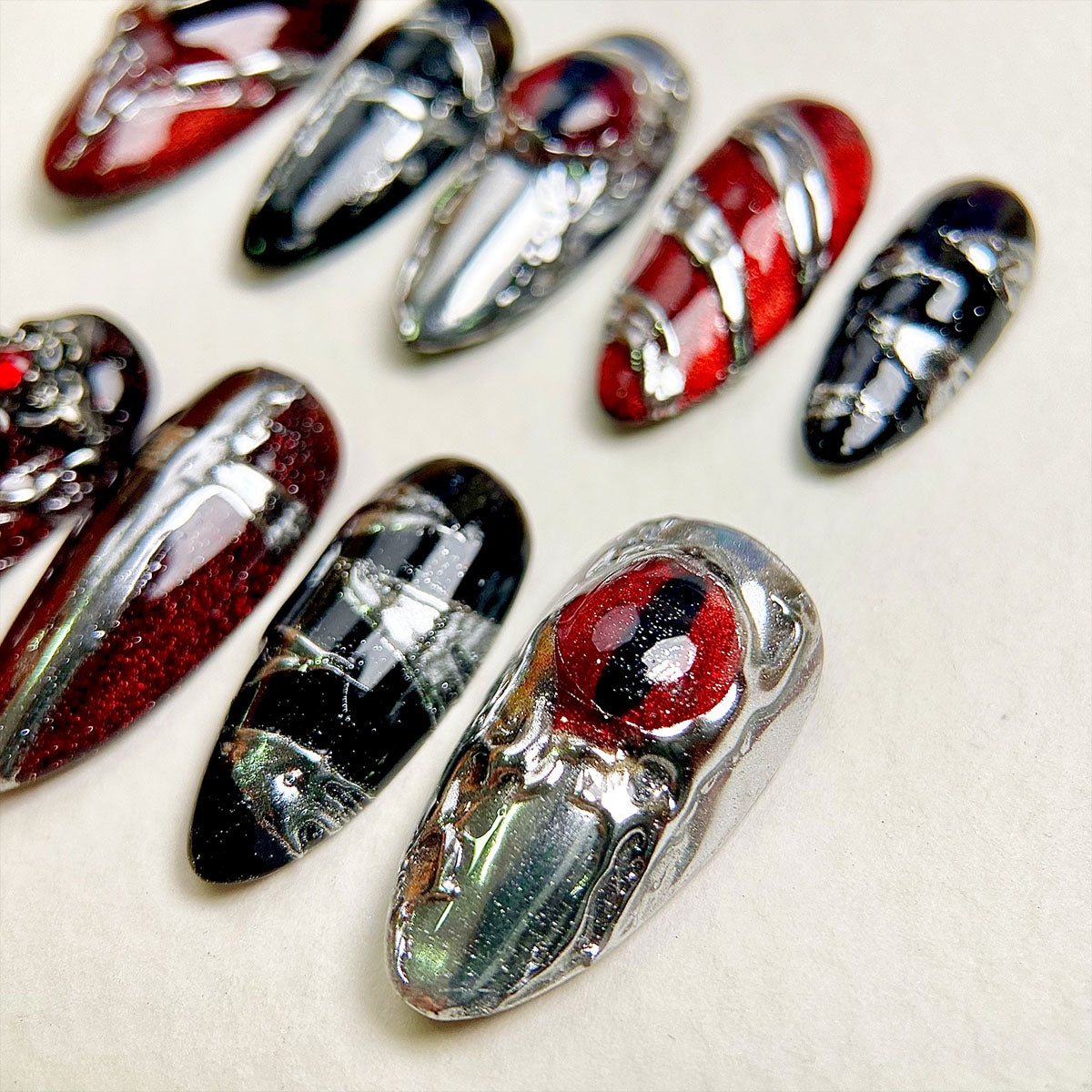 Blood Ritual Press-On Nails – Red Chrome Gothic Fake Nails with Cross and Gem Details