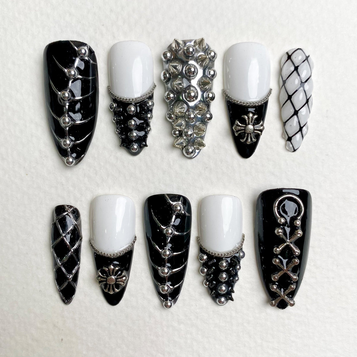 Black White Gothic Press-On Nails, Heavy Metal Punk Rock Fake Nails with Chrome Studs