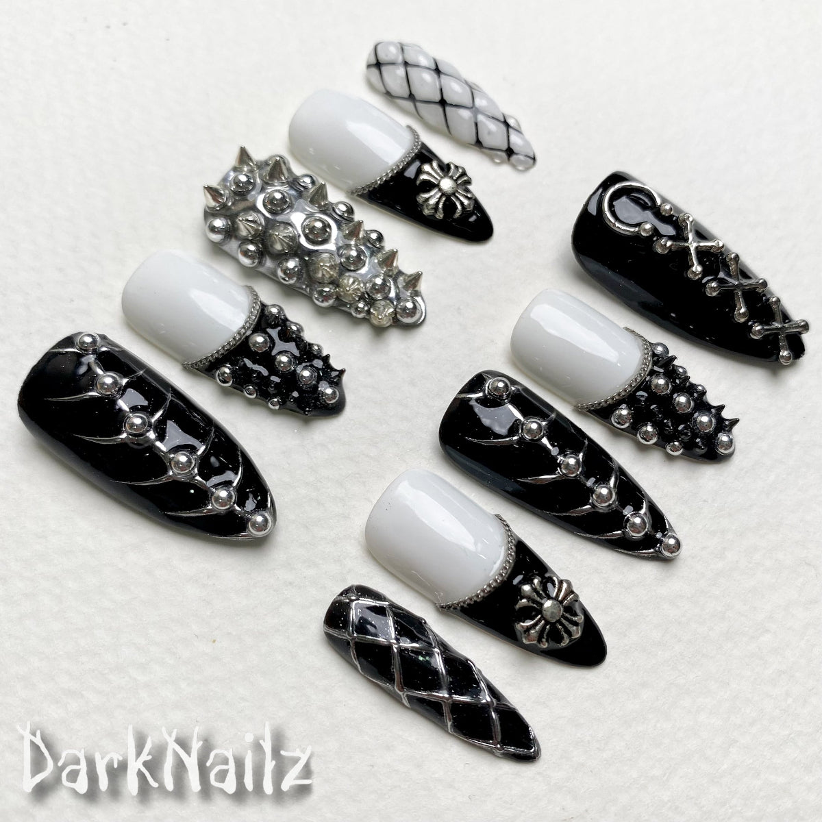Black White Gothic Press-On Nails, Heavy Metal Punk Rock Fake Nails with Chrome Studs