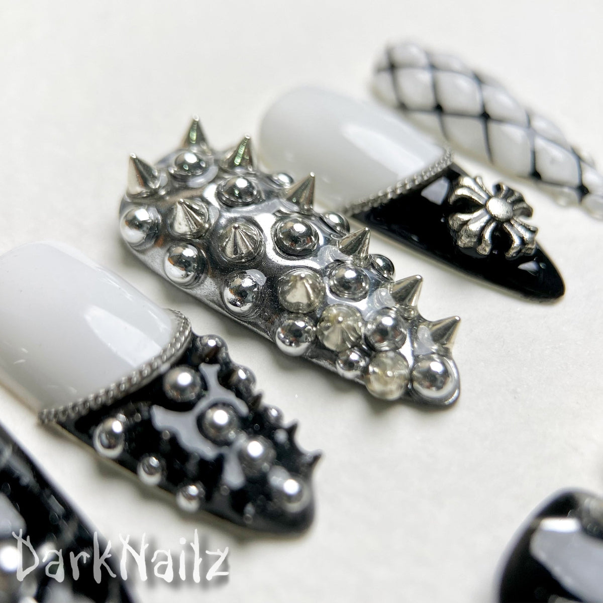 Black White Gothic Press-On Nails, Heavy Metal Punk Rock Fake Nails with Chrome Studs