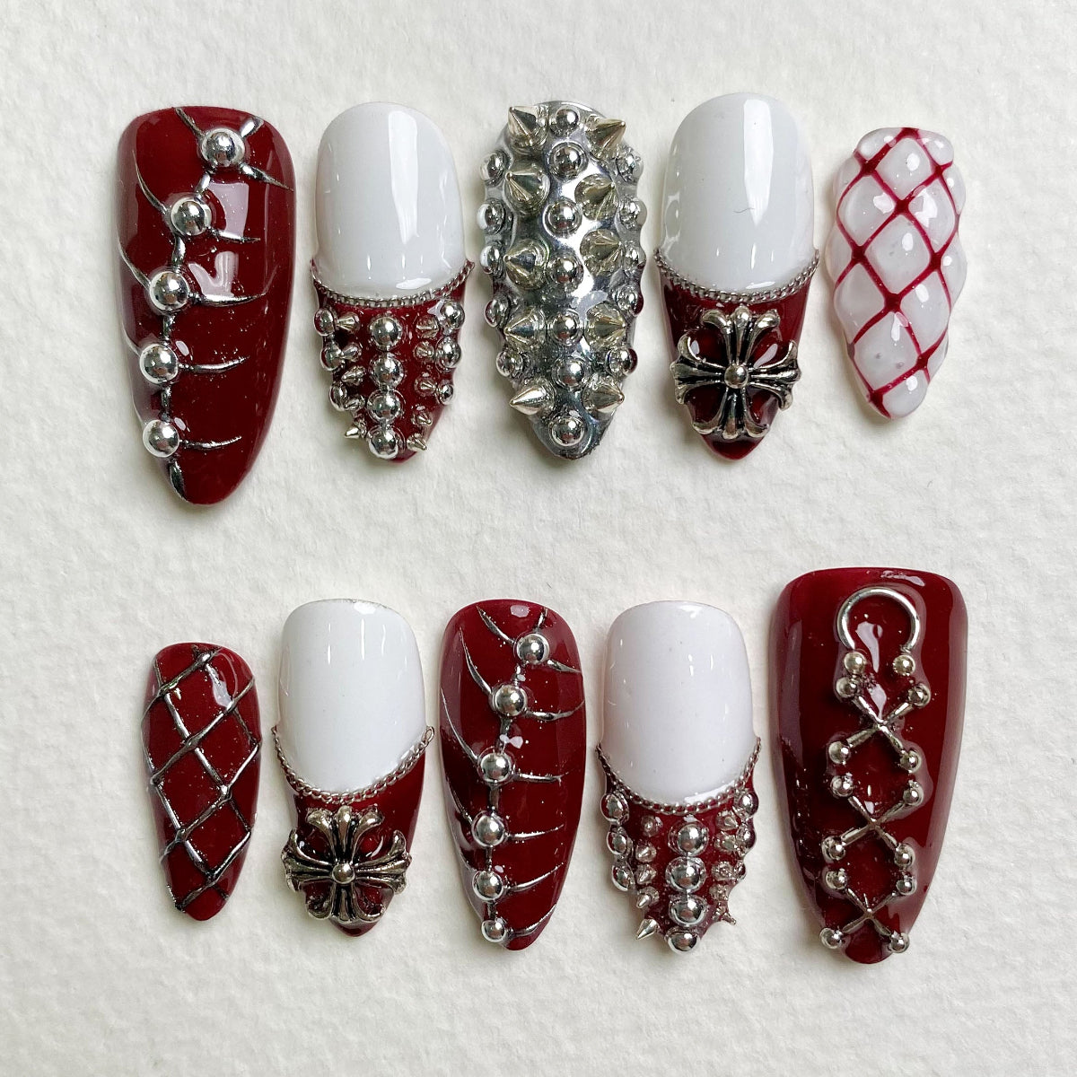 Red White Gothic Press-On Nails, Heavy Metal Punk Fake Nails with Cross and Chain Detail