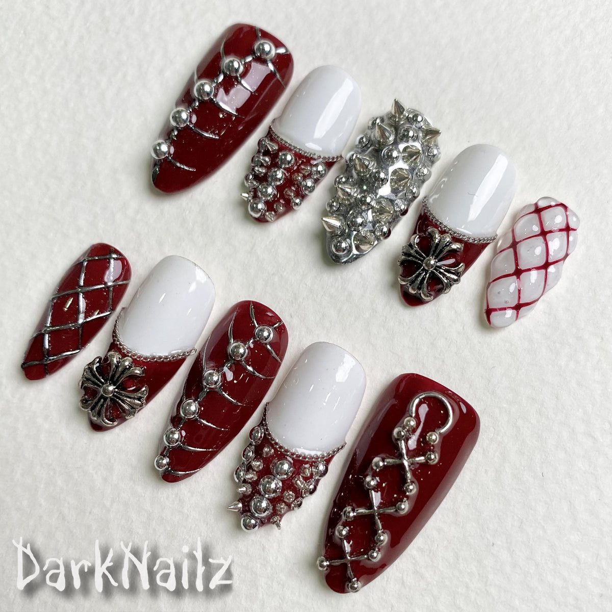 Red White Gothic Press-On Nails, Heavy Metal Punk Fake Nails with Cross and Chain Detail