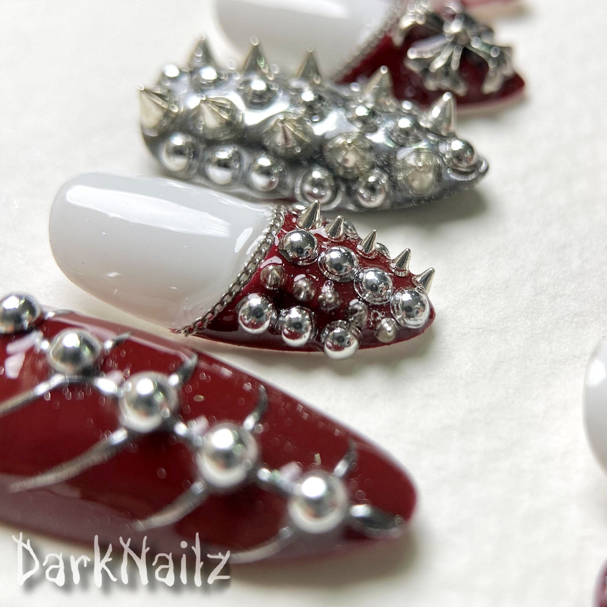 Red White Gothic Press-On Nails, Heavy Metal Punk Fake Nails with Cross and Chain Detail