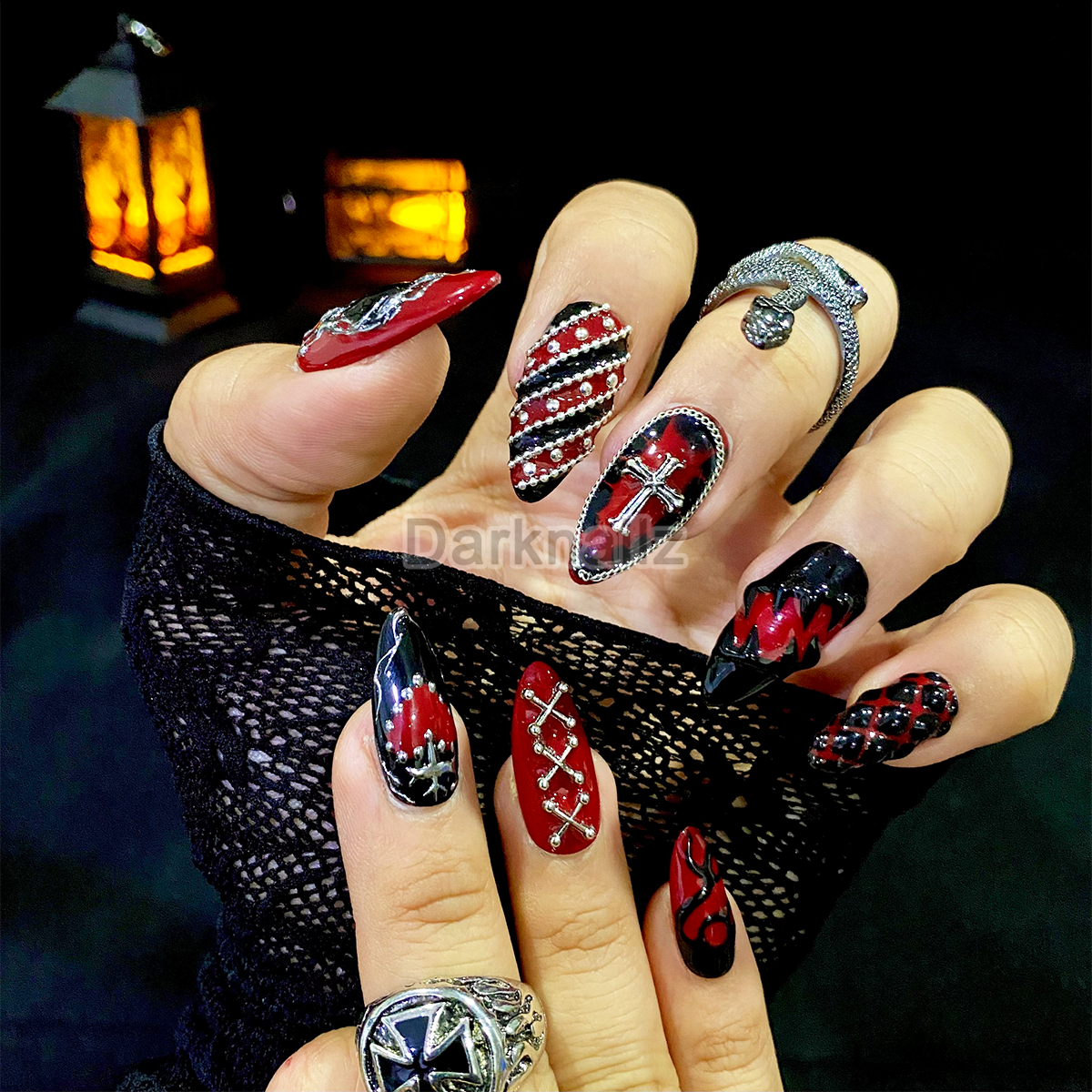 Crimson Spiked Edge Press-On Nails – Red & Black Gothic Fake Nails with Studs, Chains & Cross