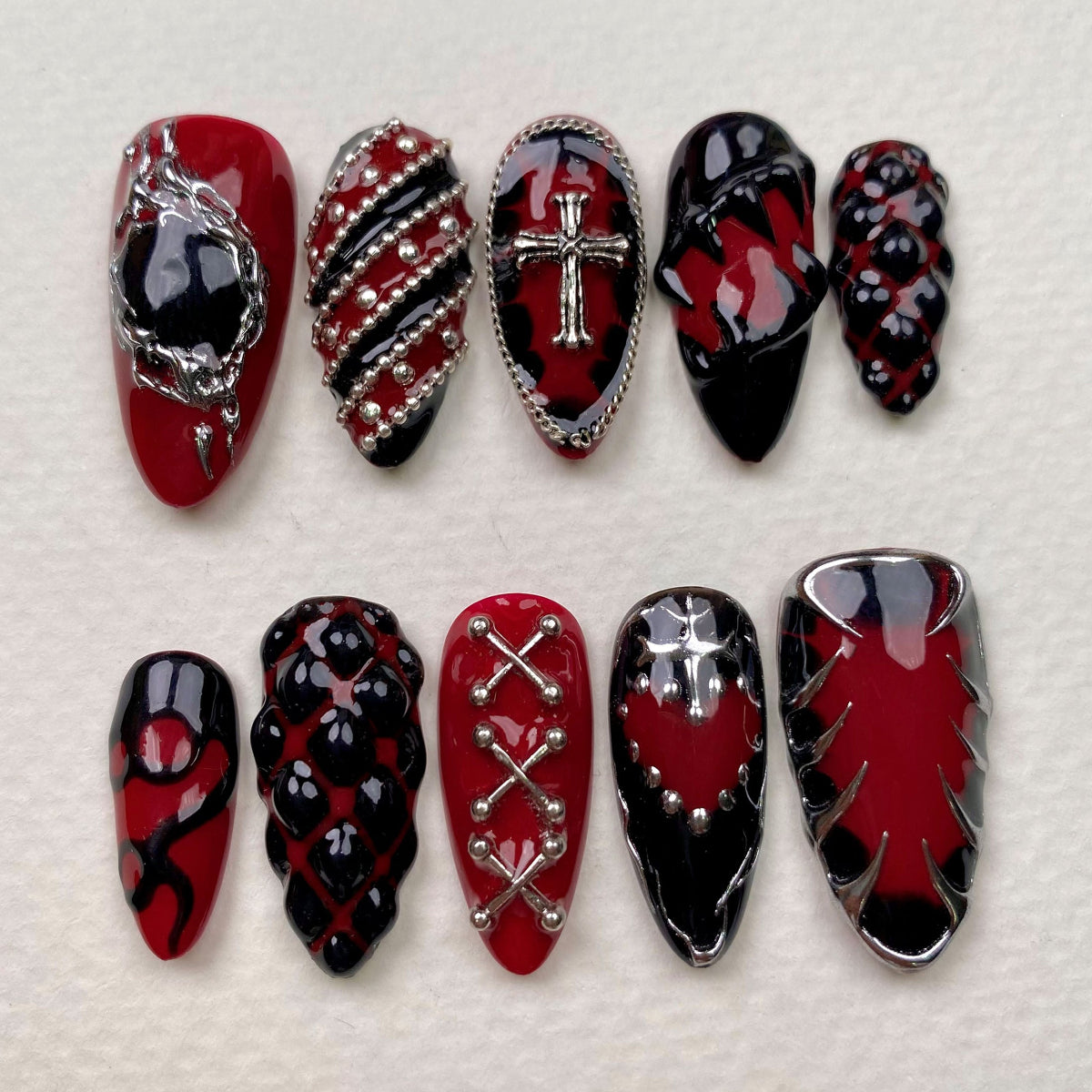 Crimson Spiked Edge Press-On Nails – Red & Black Gothic Fake Nails with Studs, Chains & Cross