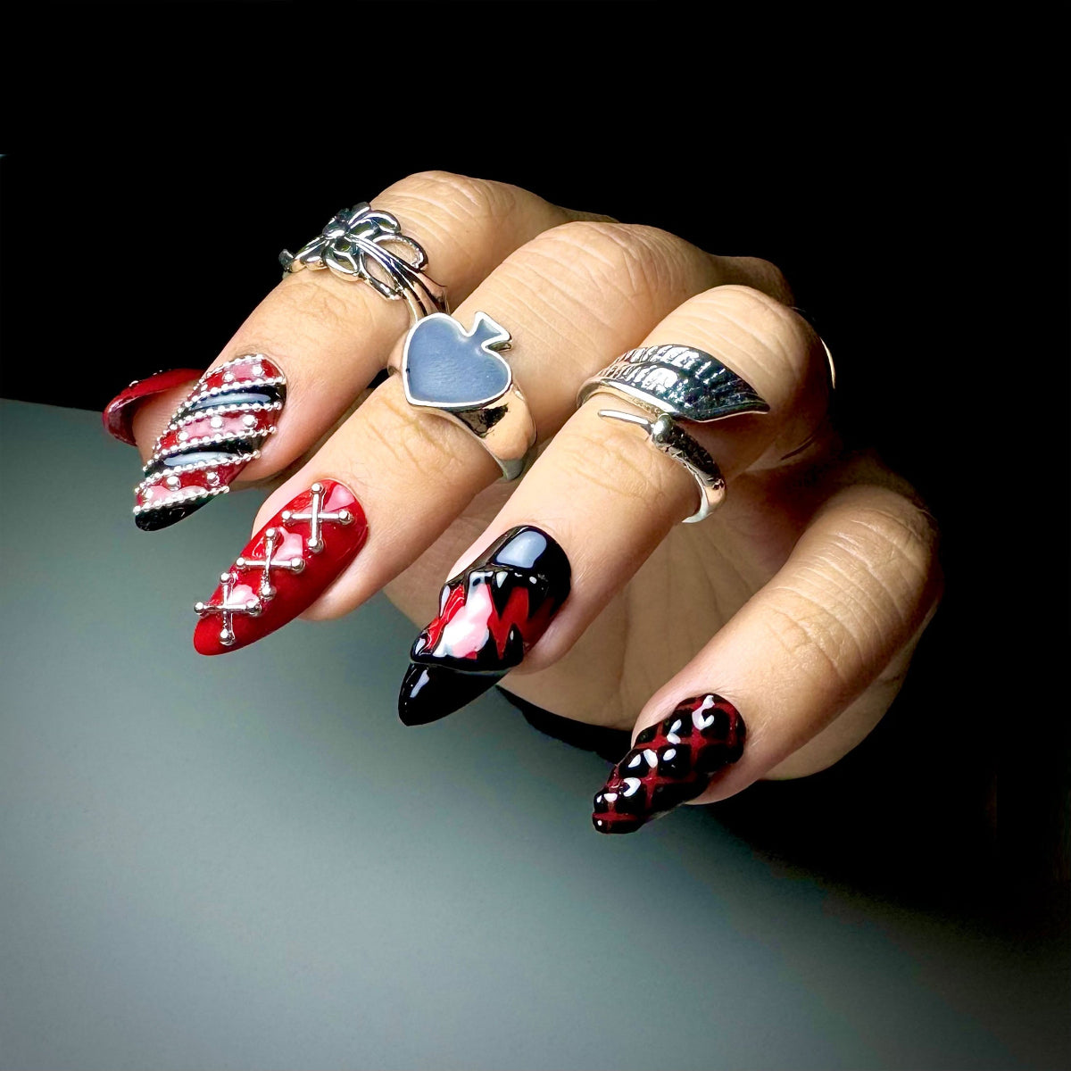 Crimson Spiked Edge Press-On Nails – Red & Black Gothic Fake Nails with Studs, Chains & Cross