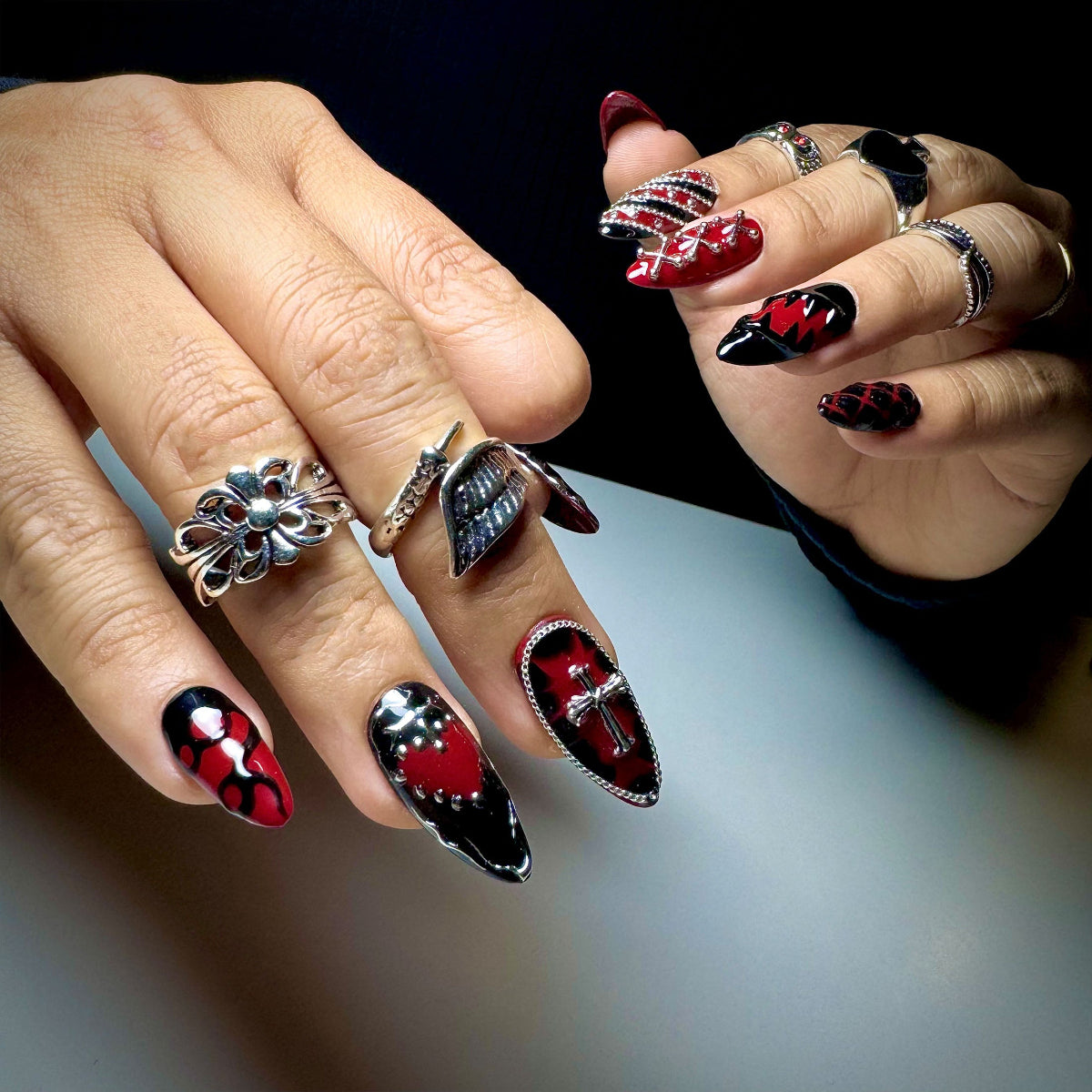 Crimson Spiked Edge Press-On Nails – Red & Black Gothic Fake Nails with Studs, Chains & Cross