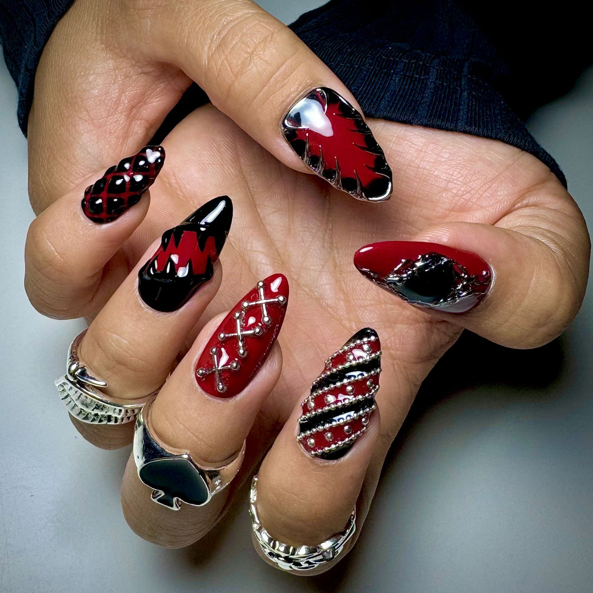 Crimson Spiked Edge Press-On Nails – Red & Black Gothic Fake Nails with Studs, Chains & Cross