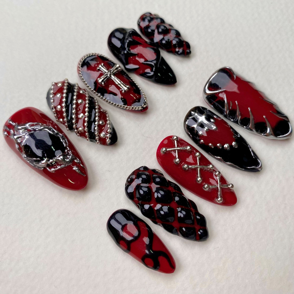 Crimson Spiked Edge Press-On Nails – Red & Black Gothic Fake Nails with Studs, Chains & Cross
