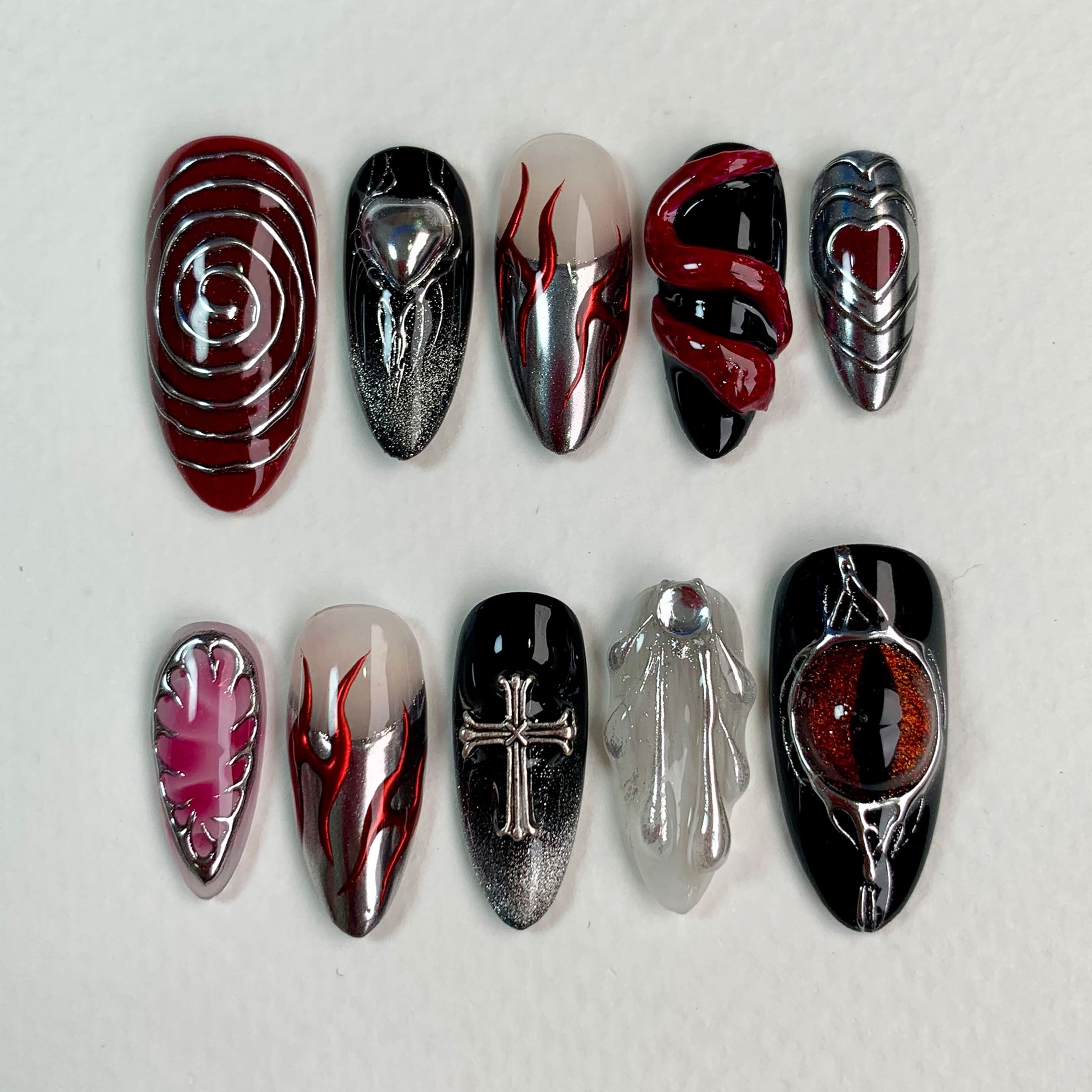 Red Eye Snake Press On Nails, Gothic Punk Rock Cross Nails, Goth Y2K Dark Black Fake Nails