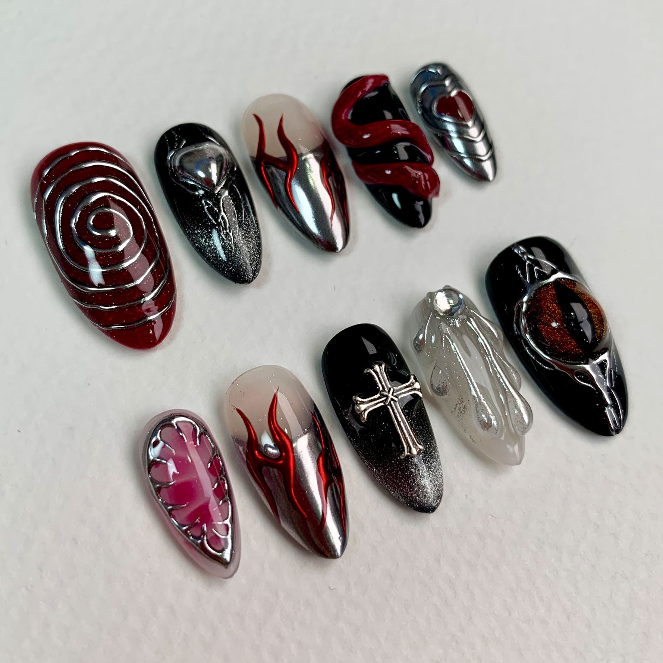 Red Eye Snake Press On Nails, Gothic Punk Rock Cross Nails, Goth Y2K Dark Black Fake Nails
