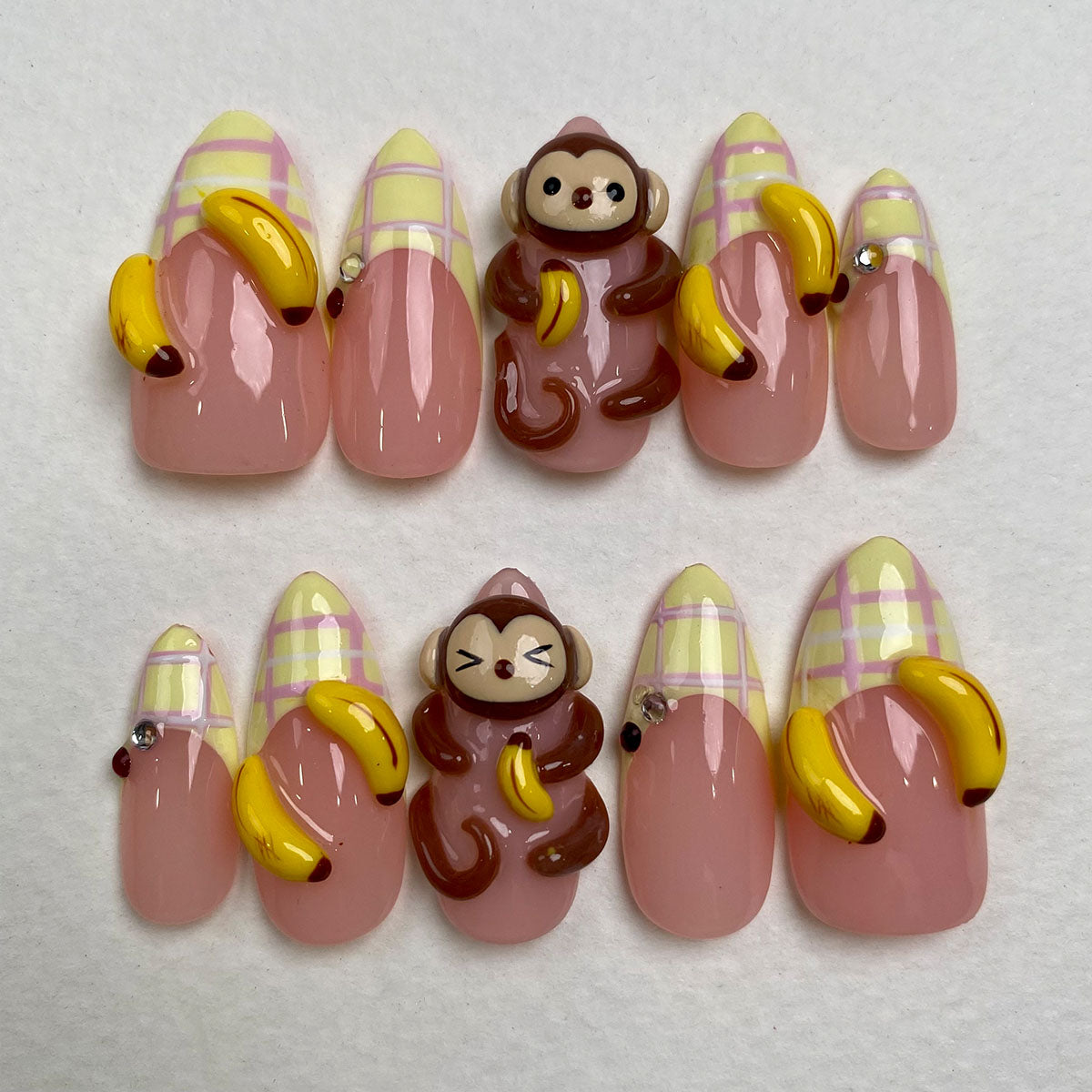 Banana Monkey – Kawaii Press-On Nails, Pastel French Fake Nails with Cute Monkey and Banana Design