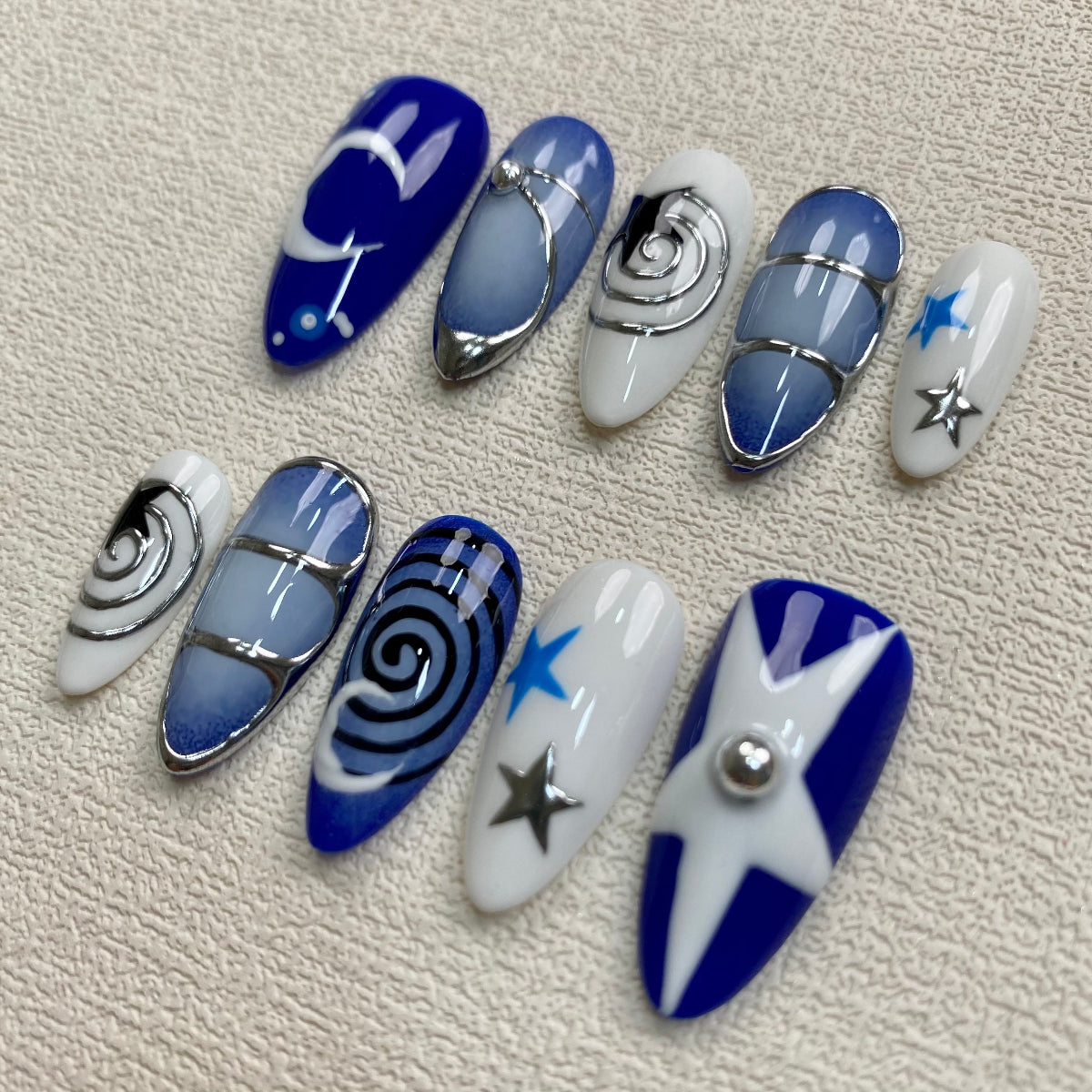 Custom Blue Press On Nails, Y2K Moon Stars Fake Nails, Darknailz