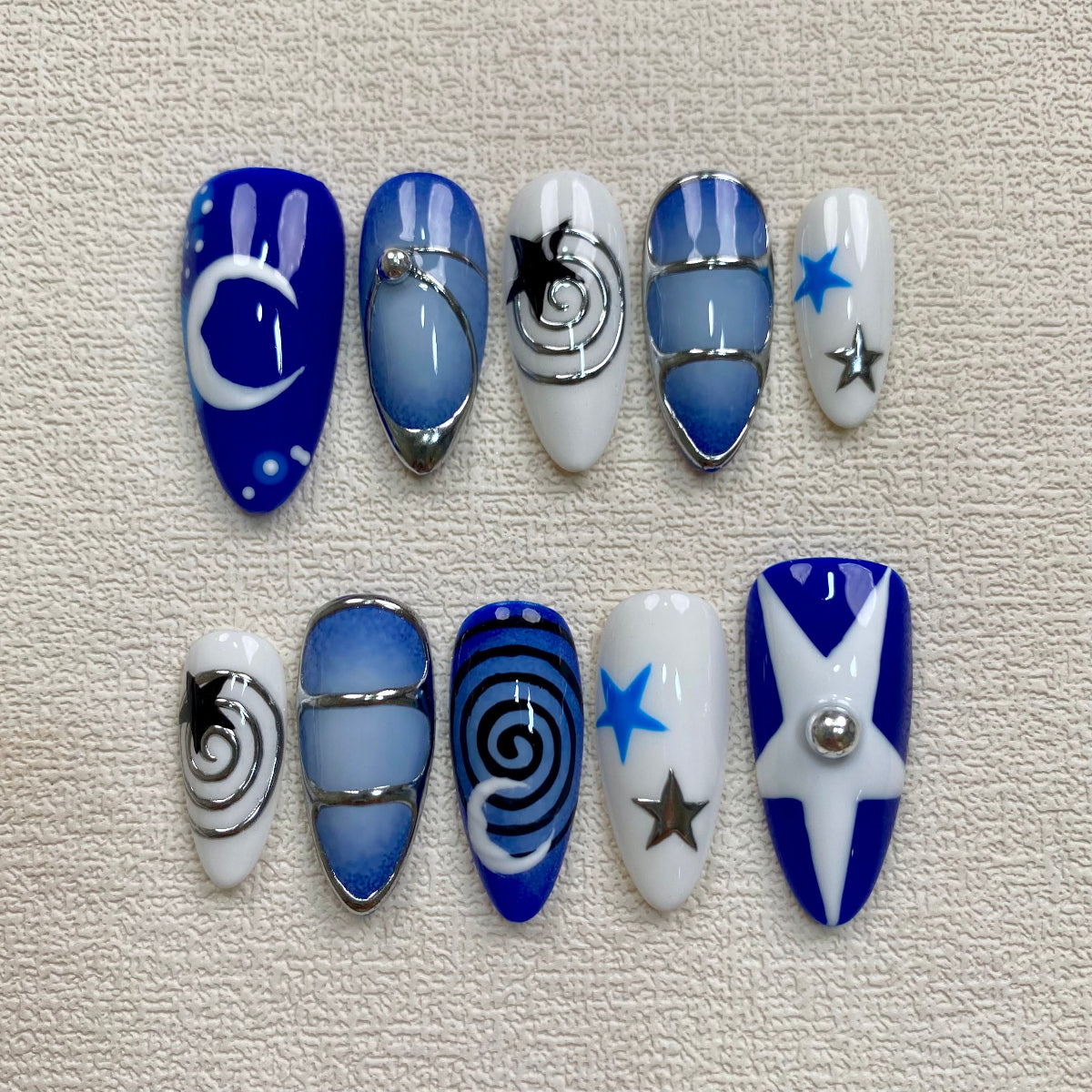 Custom Blue Press On Nails, Y2K Moon Stars Fake Nails, Darknailz