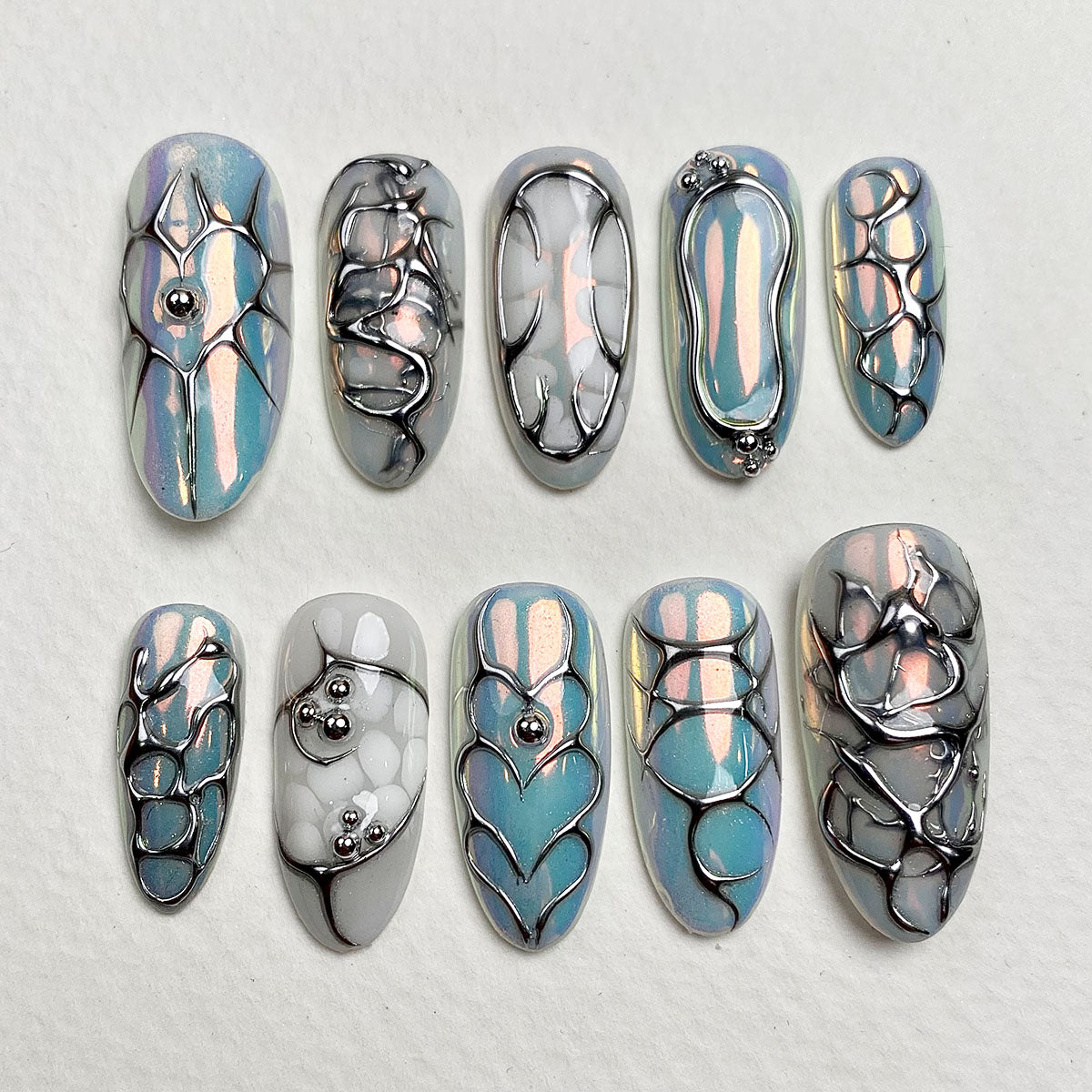 Pearl Mirror – Silver White Gothic Press-On Nails, Dark Metal Fake Nails