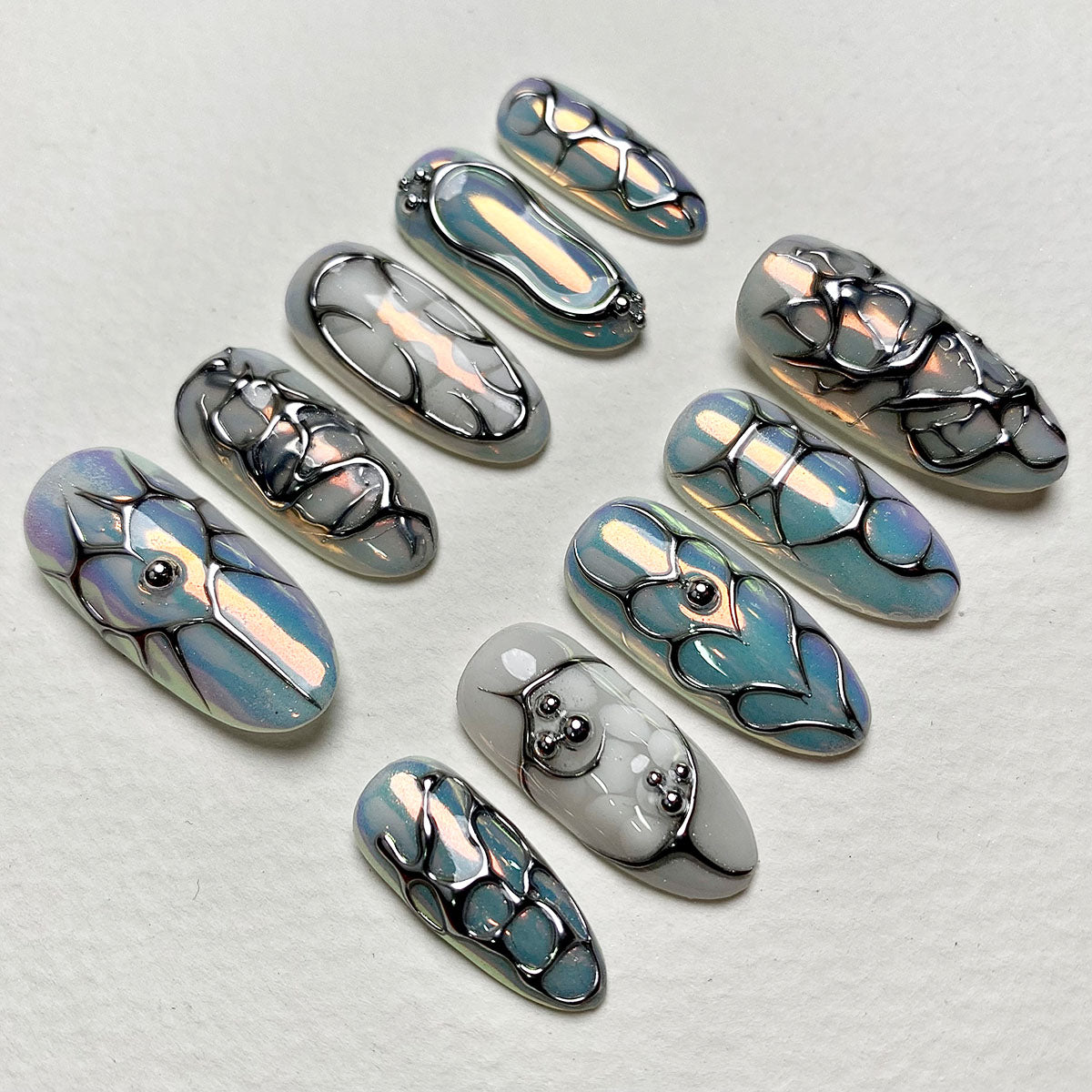 Pearl Mirror – Silver White Gothic Press-On Nails, Dark Metal Fake Nails